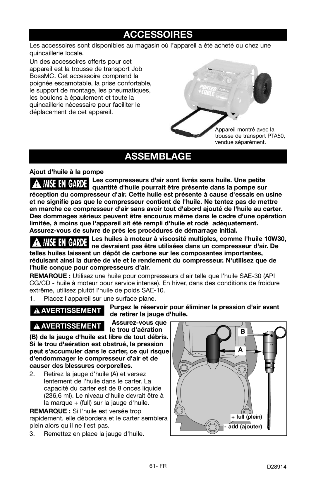 Porter-Cable C3550 instruction manual Accessoires, Assemblage, Ajout dhuile à la pompe 