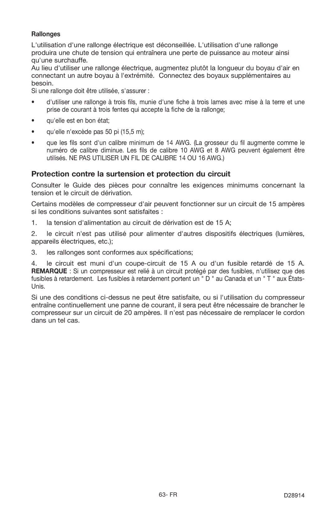 Porter-Cable C3550 instruction manual Protection contre la surtension et protection du circuit, Rallonges 