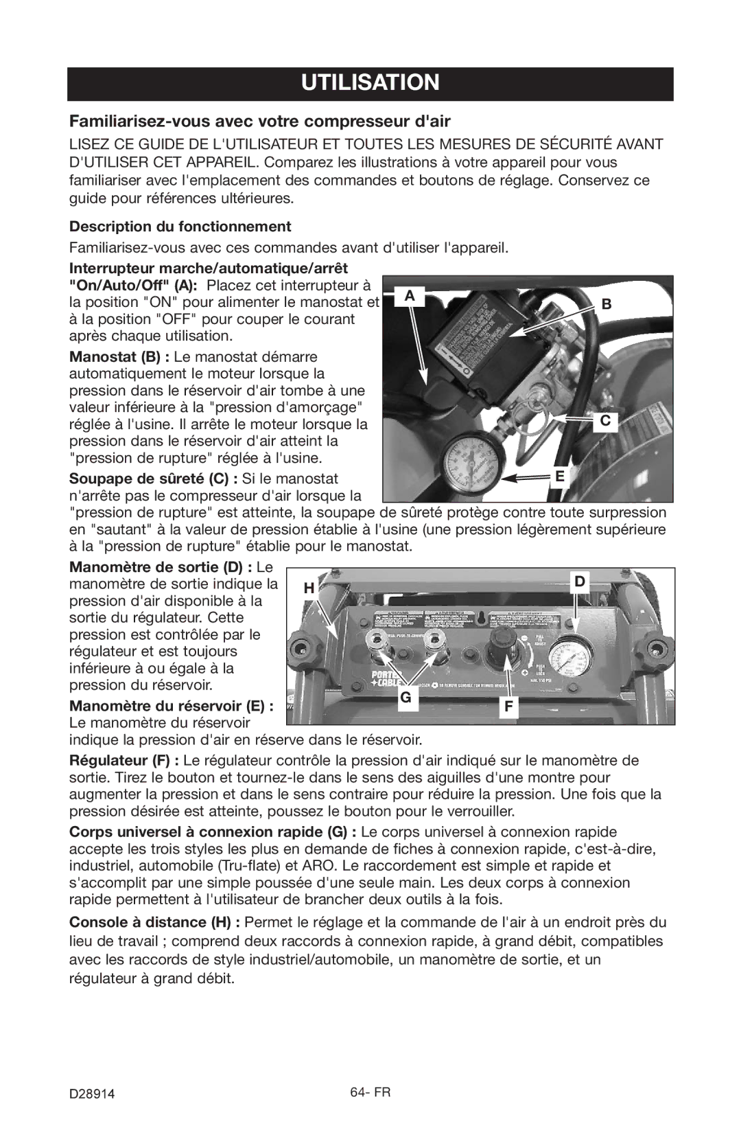 Porter-Cable C3550 Utilisation, Familiarisez-vous avec votre compresseur dair, Description du fonctionnement 