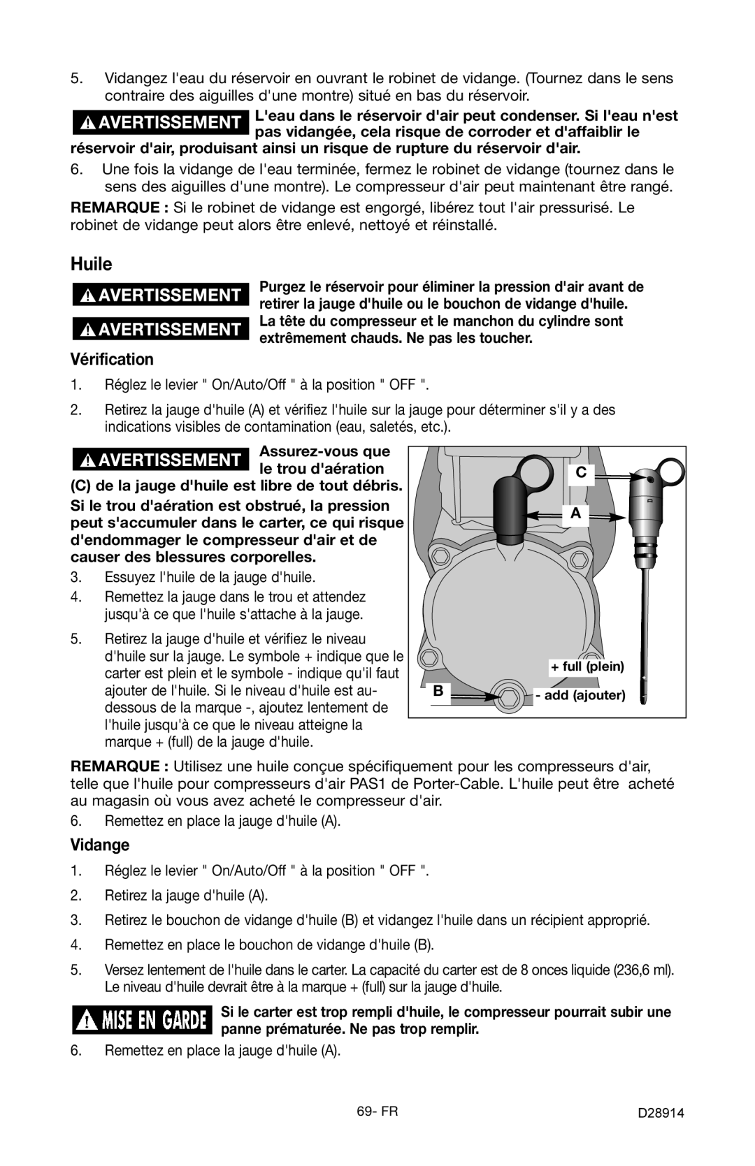 Porter-Cable C3550 instruction manual Huile, Vérification, Vidange 