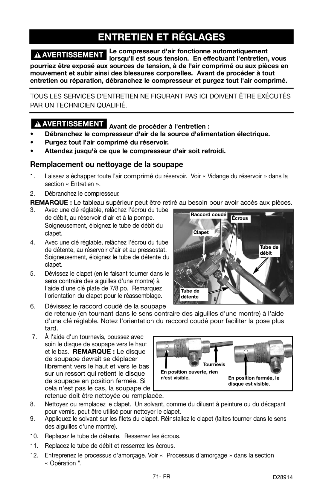 Porter-Cable C3550 instruction manual Entretien ET Réglages, Remplacement ou nettoyage de la soupape 