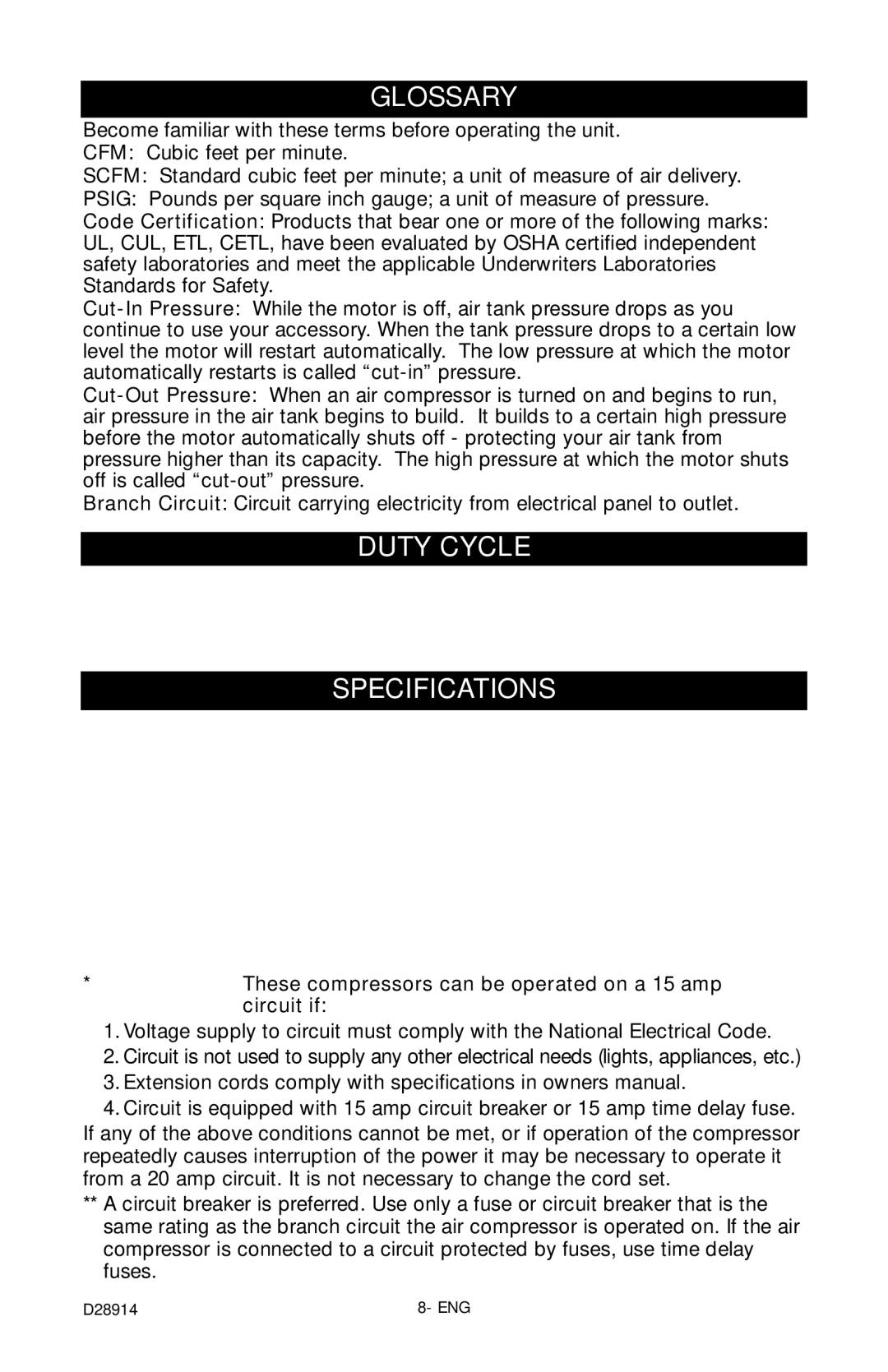 Porter-Cable C3550 instruction manual Glossary, Duty Cycle, Specifications 