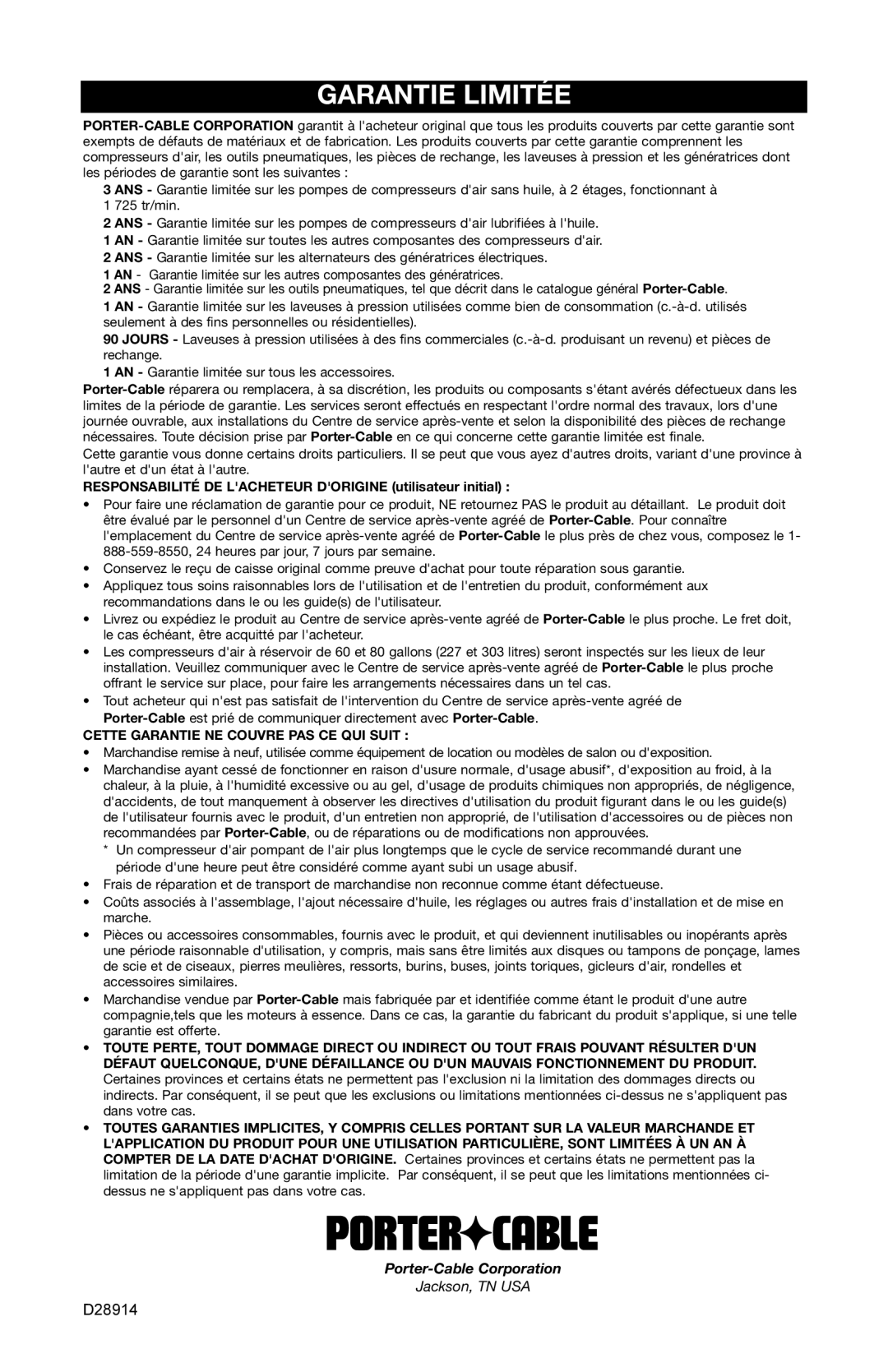 Porter-Cable C3550 instruction manual Garantie Limitée, Responsabilité DE Lacheteur Dorigine utilisateur initial 