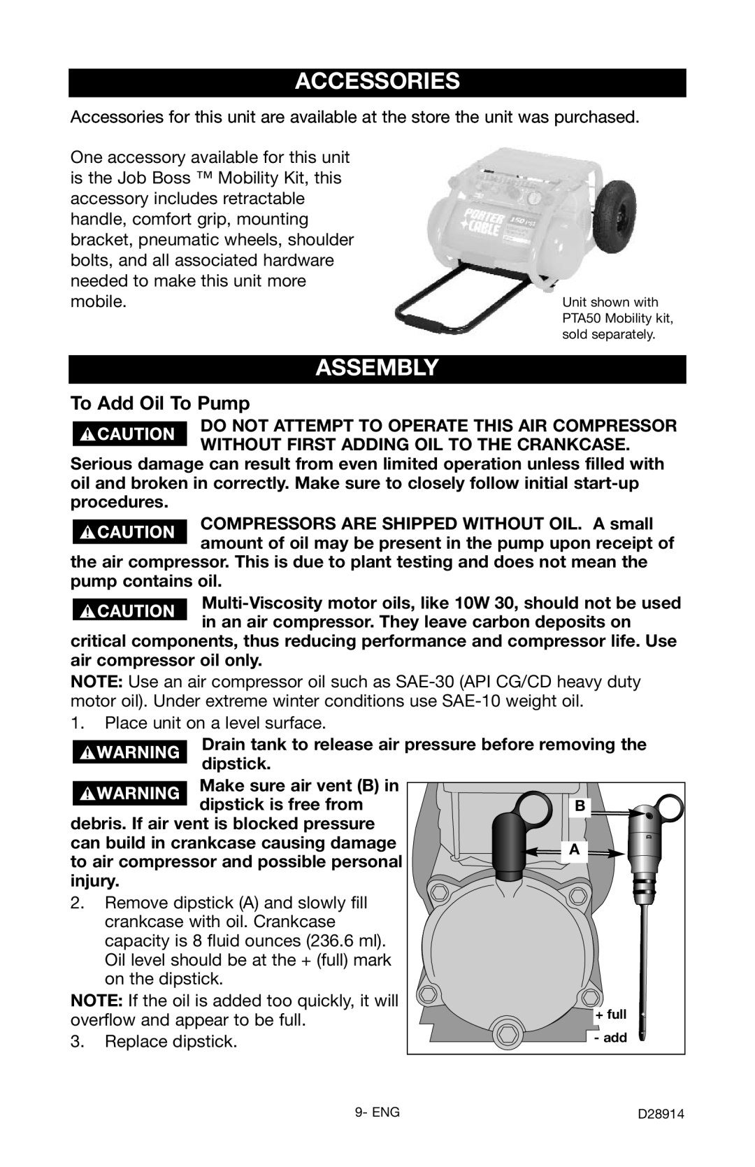 Porter-Cable C3550 instruction manual Accessories, Assembly, To Add Oil To Pump 