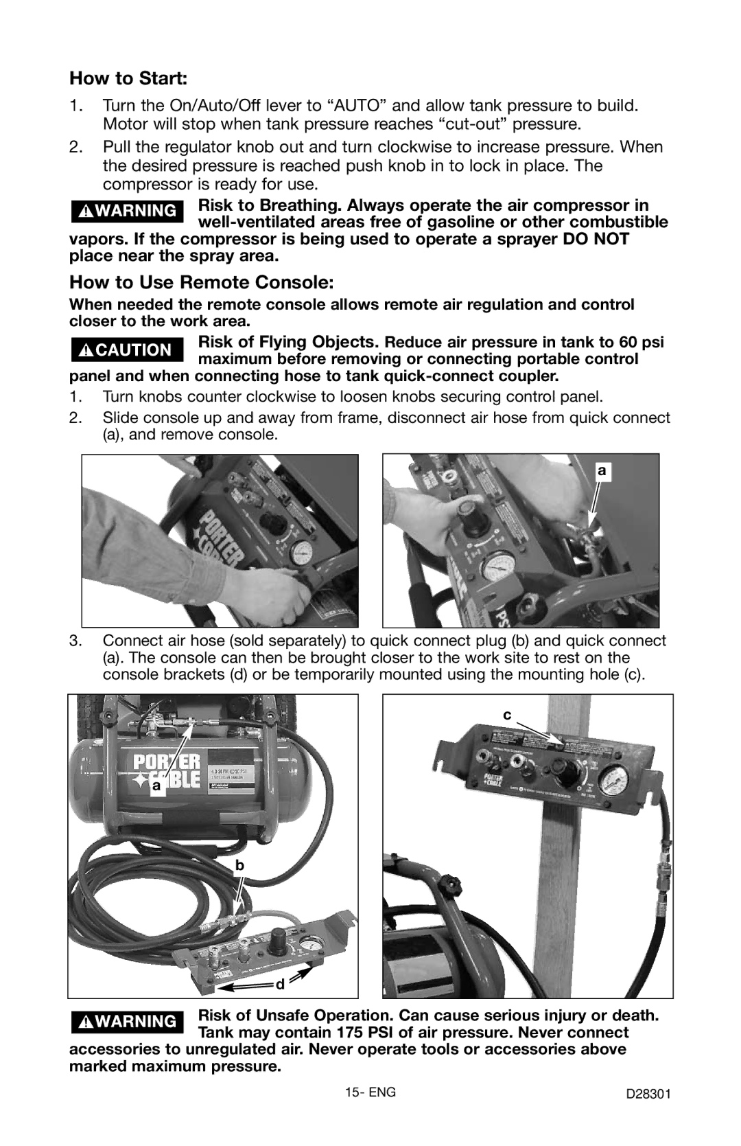 Porter-Cable C3555 instruction manual How to Start, How to Use Remote Console 