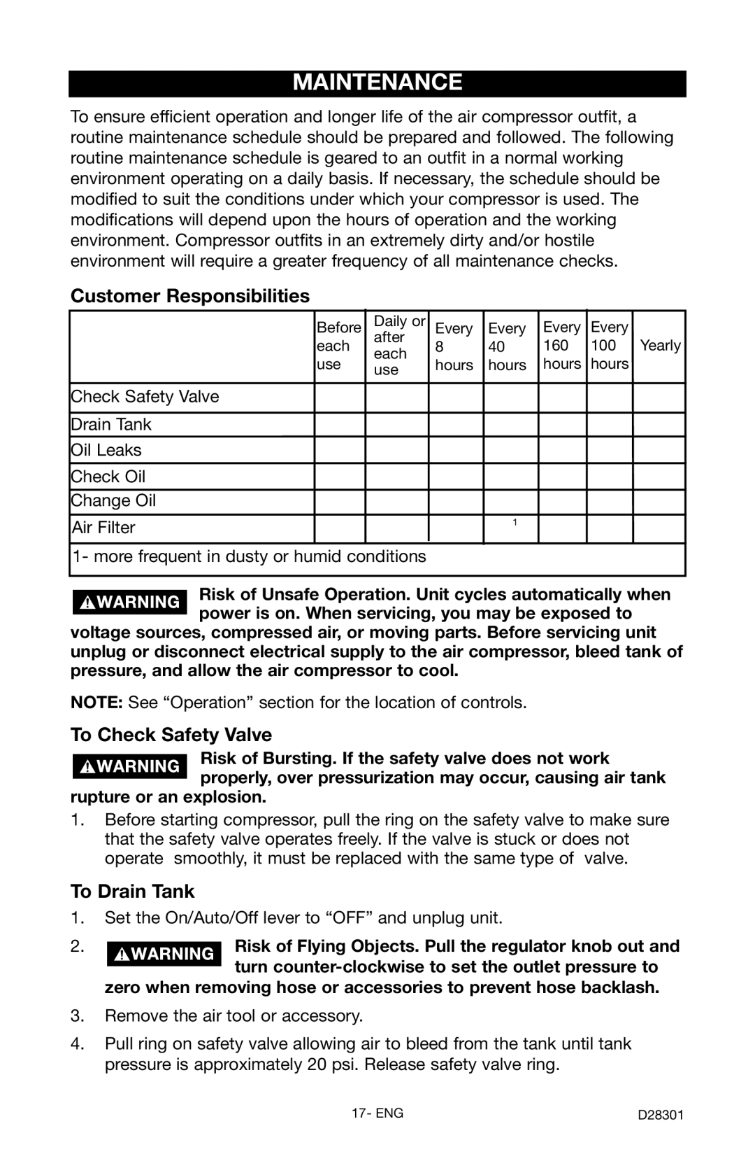 Porter-Cable C3555 instruction manual Maintenance, Customer Responsibilities, To Check Safety Valve, To Drain Tank 