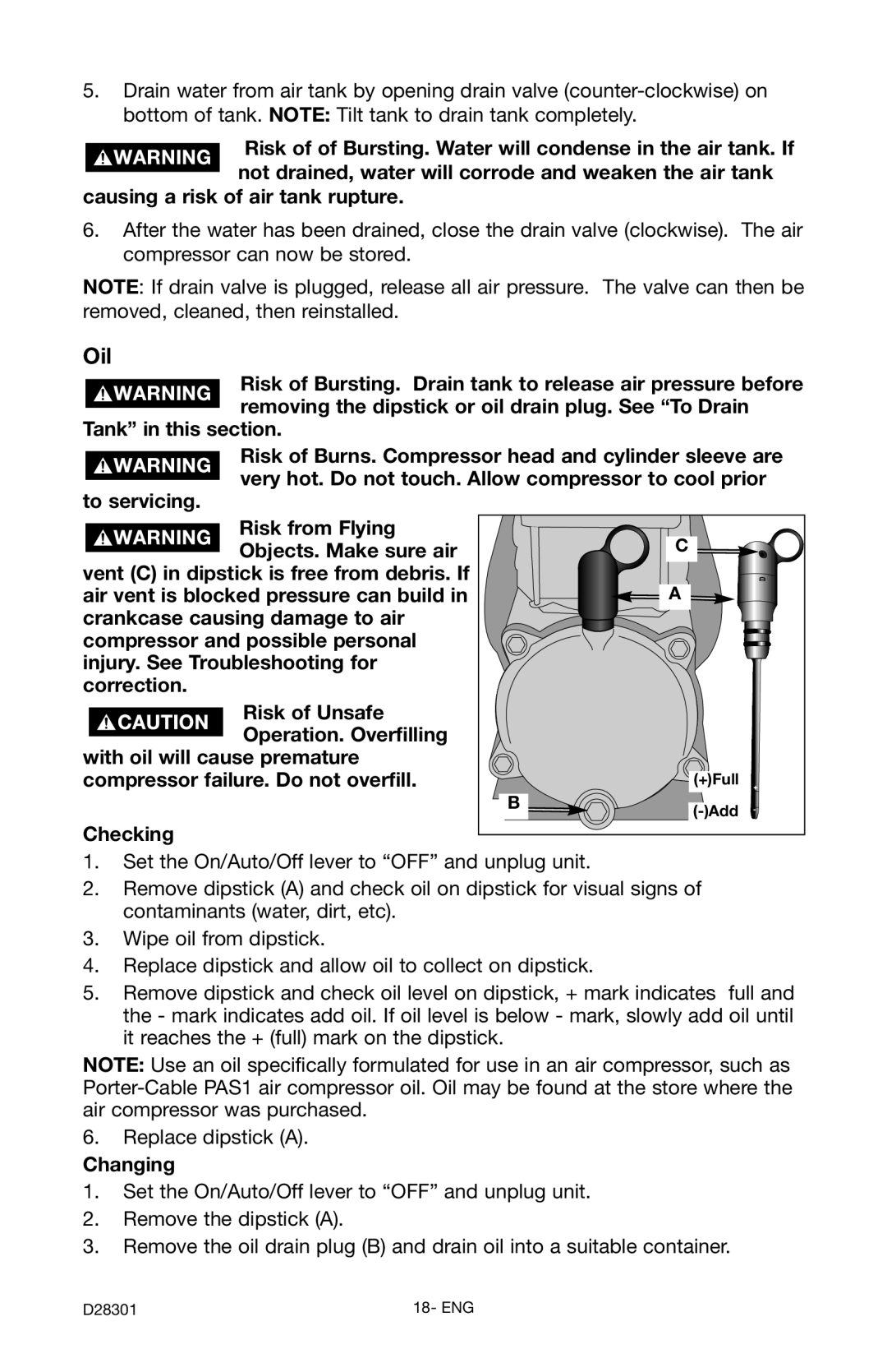 Porter-Cable C3555 instruction manual Oil, Changing 