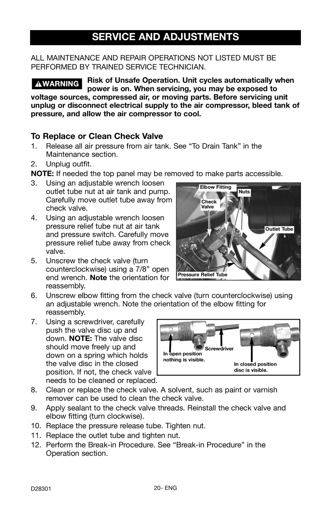 Porter-Cable C3555 instruction manual Service and Adjustments, To Replace or Clean Check Valve 