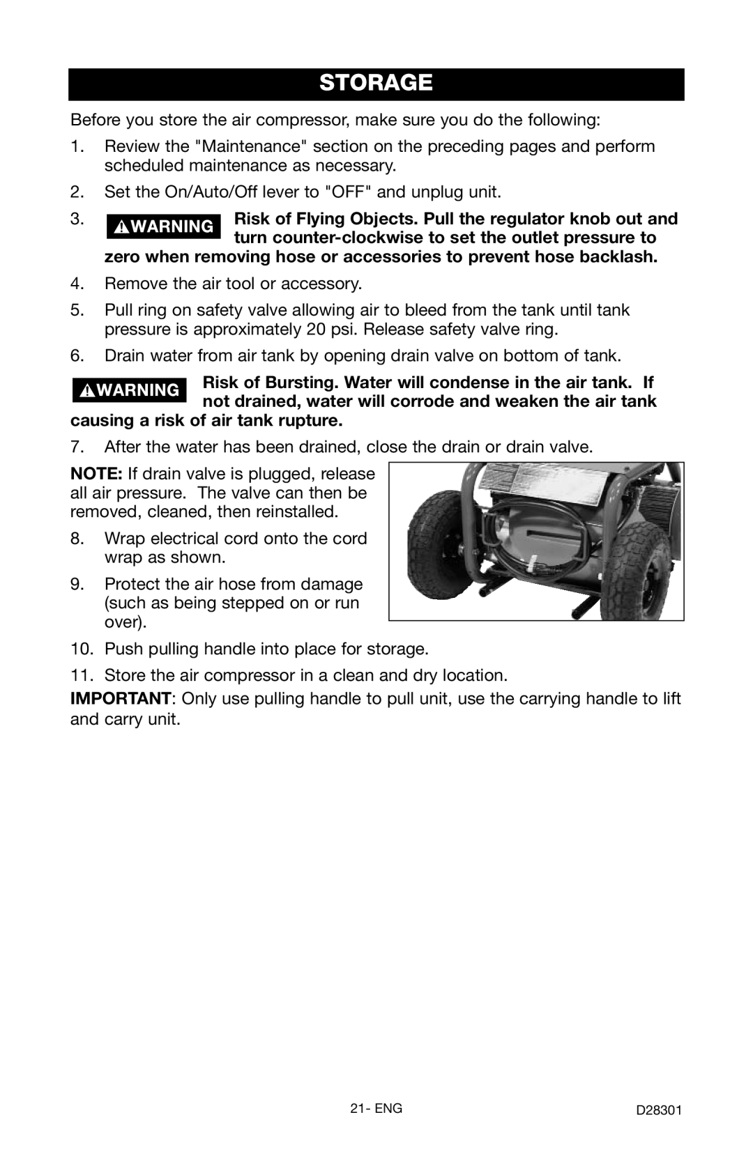 Porter-Cable C3555 instruction manual Storage, Risk of Flying Objects. Pull the regulator knob out 