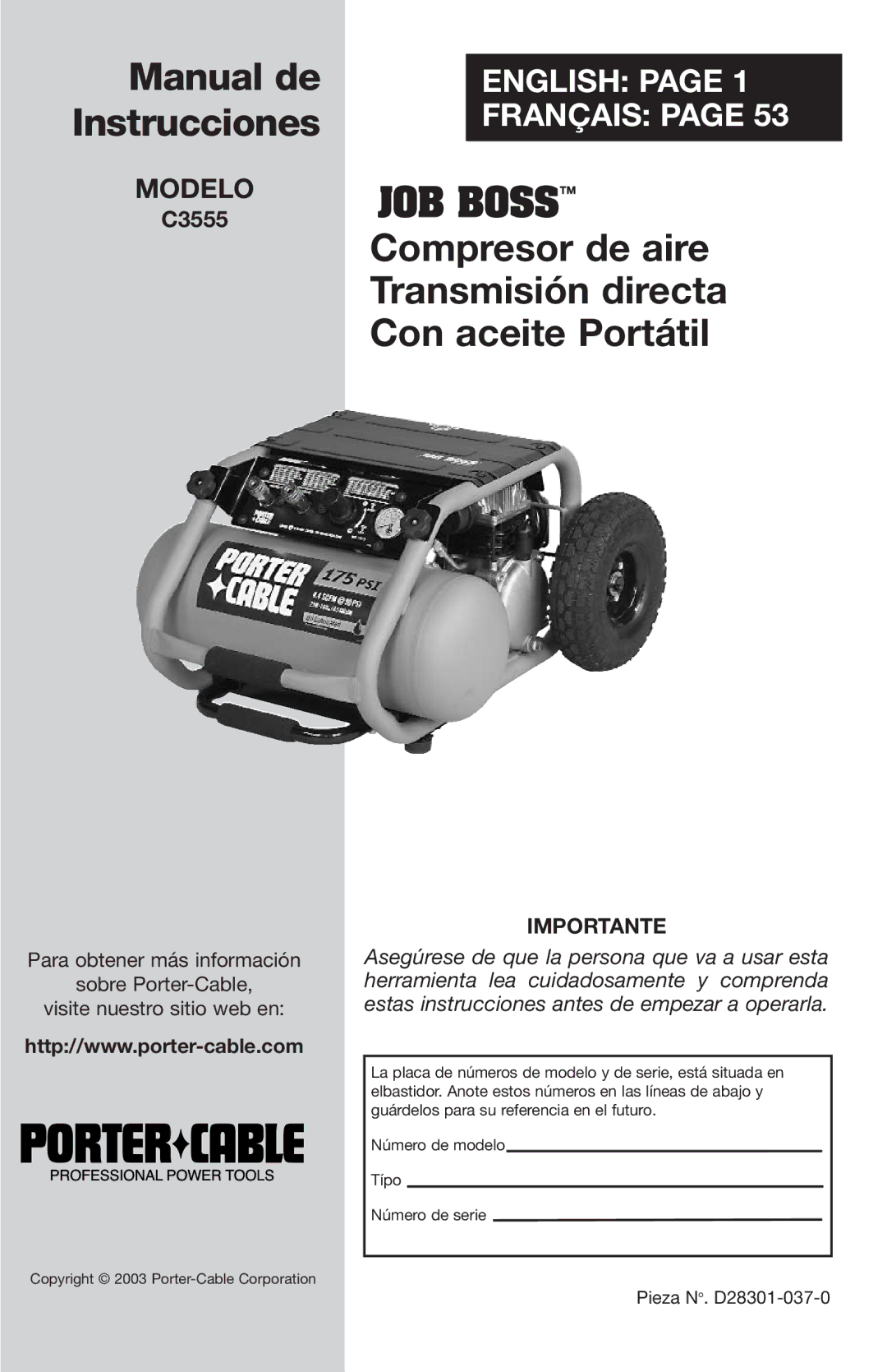 Porter-Cable C3555 instruction manual Manual de Instrucciones 