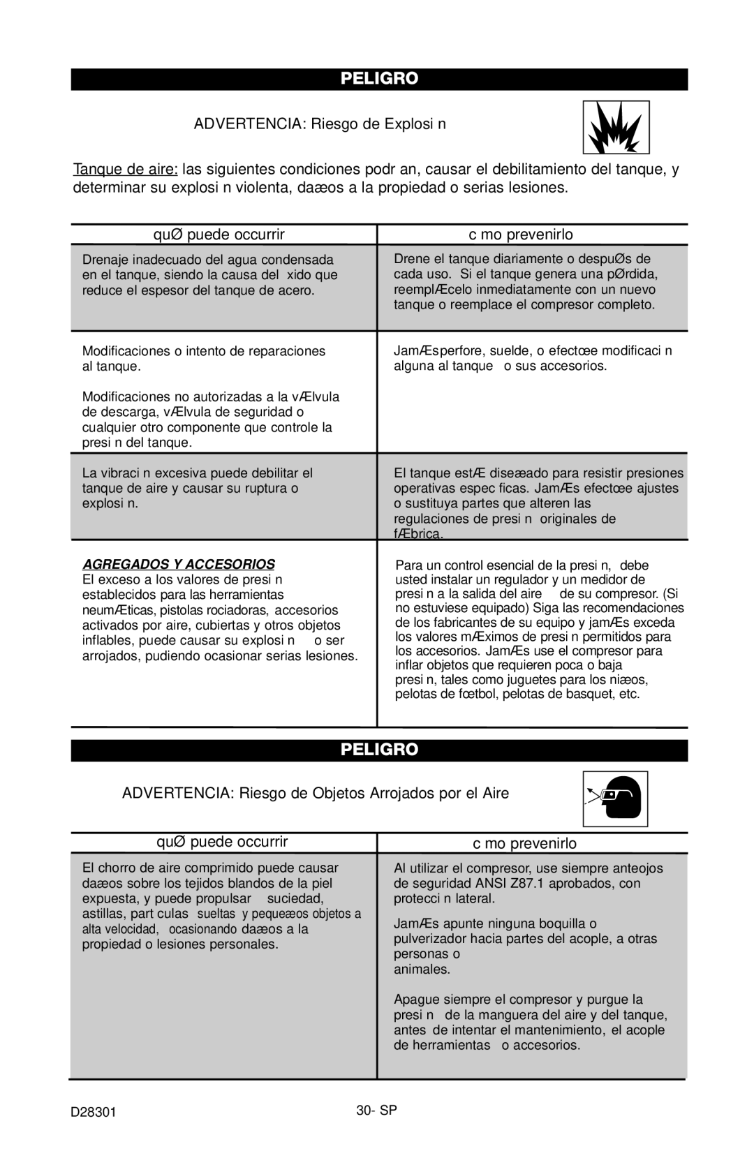 Porter-Cable C3555 instruction manual Advertencia Riesgo de Explosión, Qué puede occurrir Cómo prevenirlo 