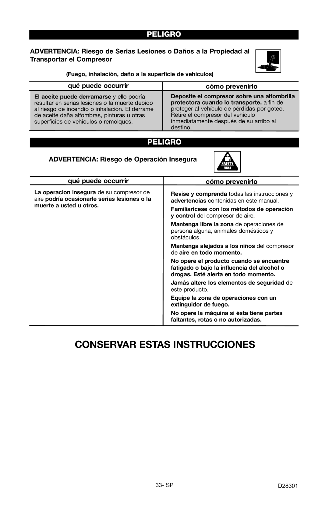 Porter-Cable C3555 instruction manual Advertencia Riesgo de Operación Insegura Qué puede occurrir 