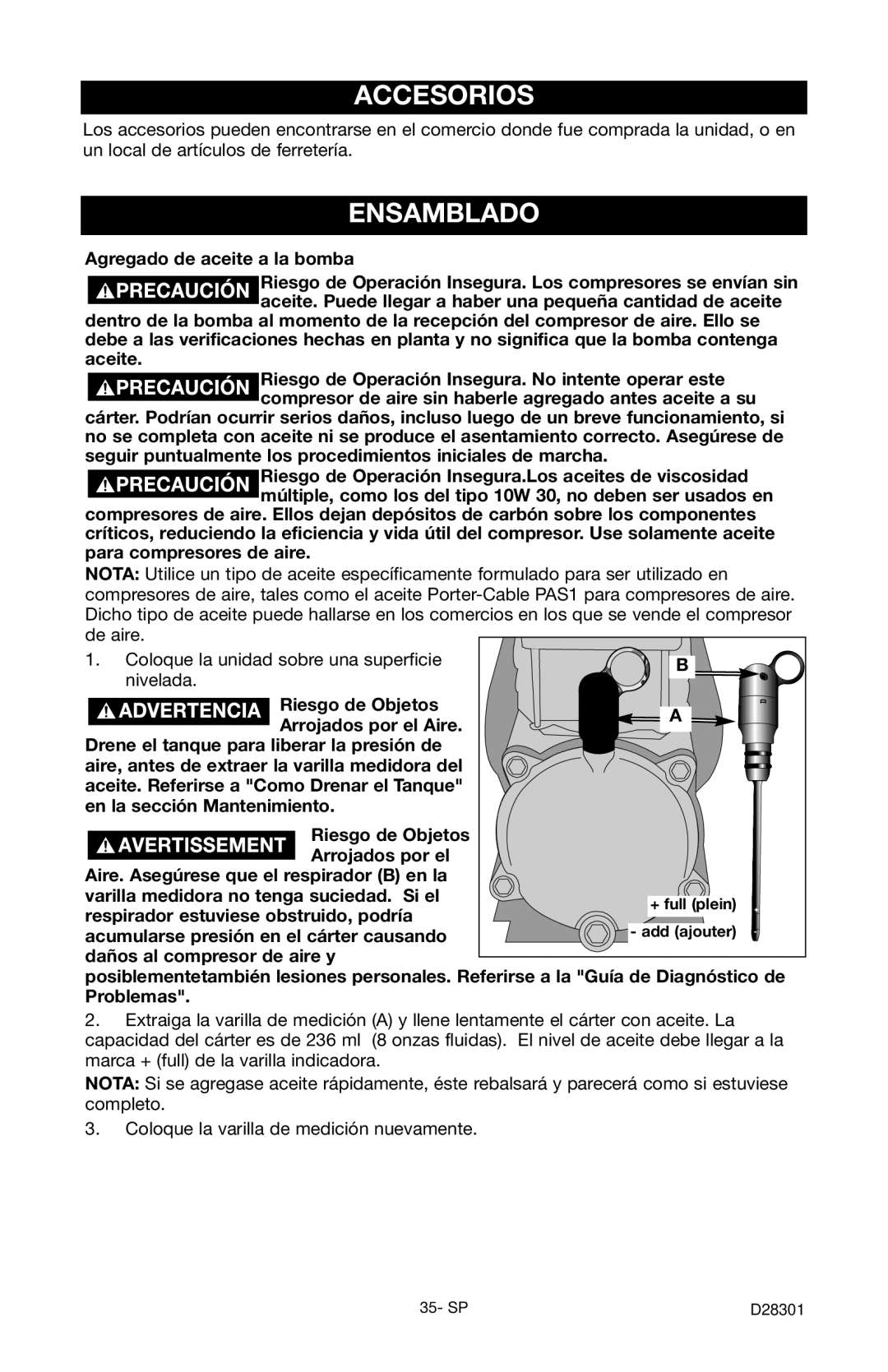 Porter-Cable C3555 Accesorios, Ensamblado, Agregado de aceite a la bomba, Respirador estuviese obstruido, podría 