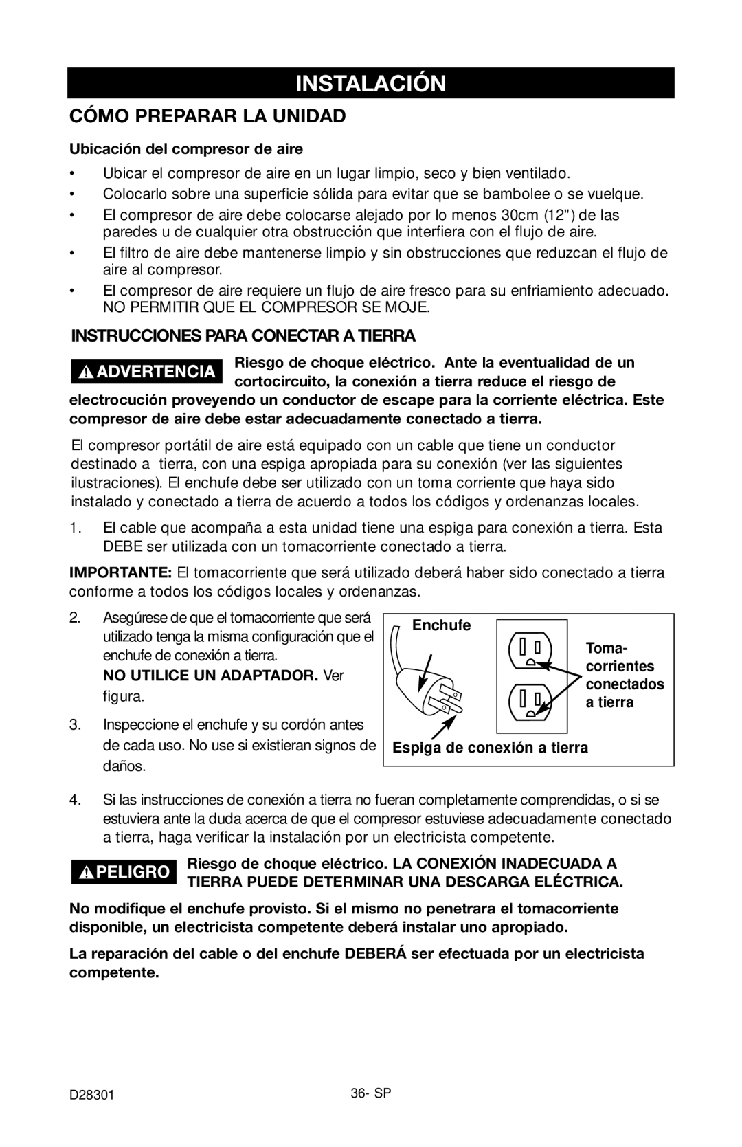 Porter-Cable C3555 instruction manual Instalación, Ubicación del compresor de aire, No Utilice UN ADAPTADOR. Ver figura 