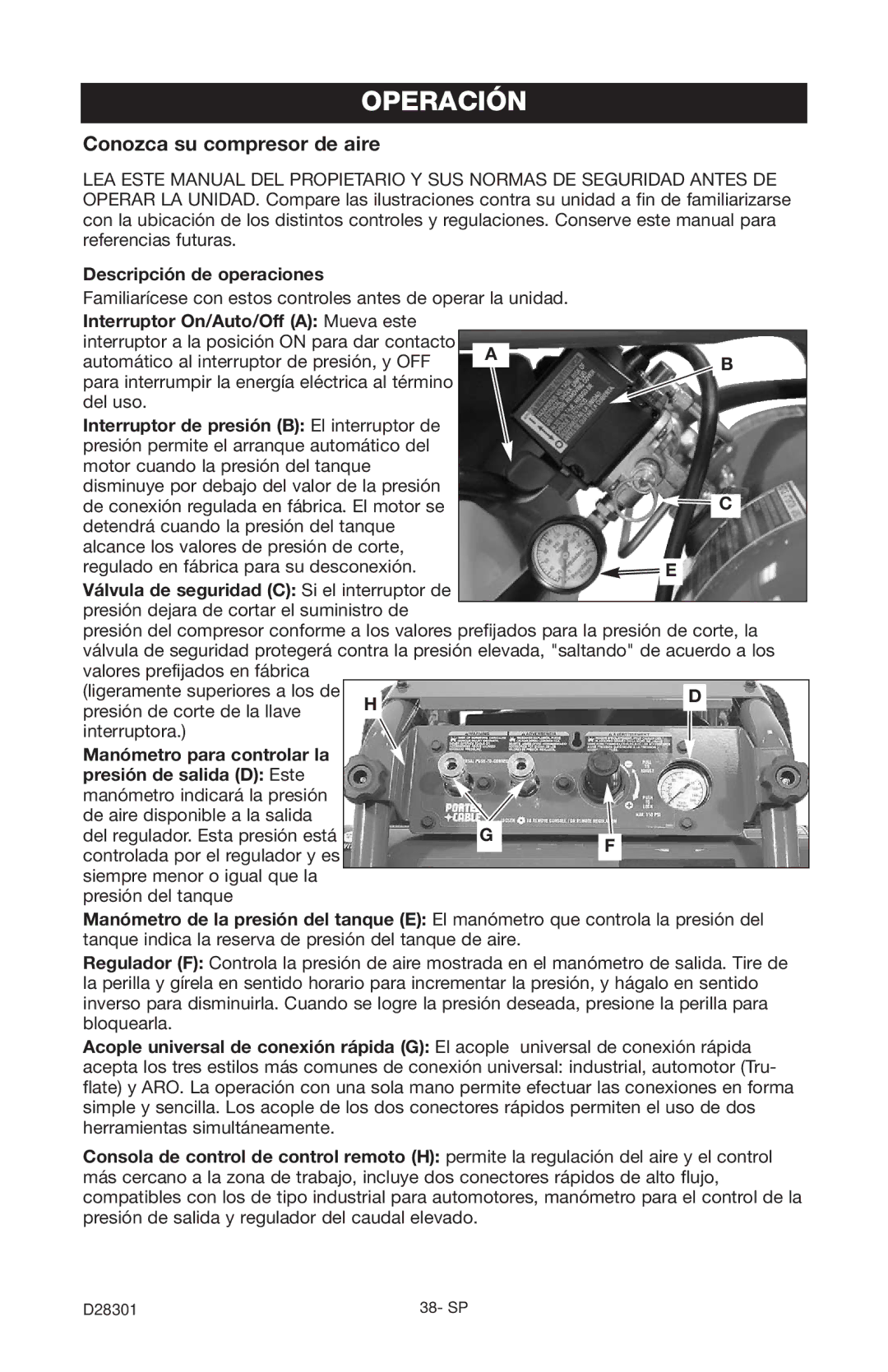 Porter-Cable C3555 instruction manual Operación, Conozca su compresor de aire, Descripción de operaciones 