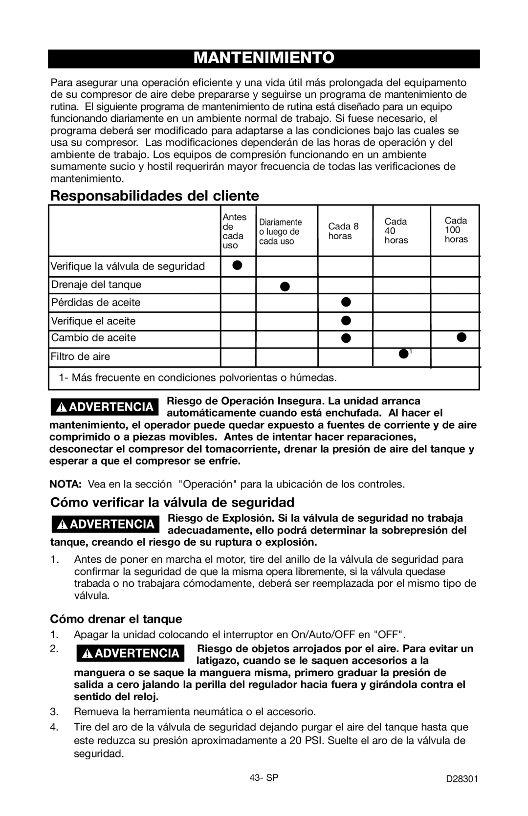 Porter-Cable C3555 instruction manual Mantenimiento, Cómo verificar la válvula de seguridad, Cómo drenar el tanque 