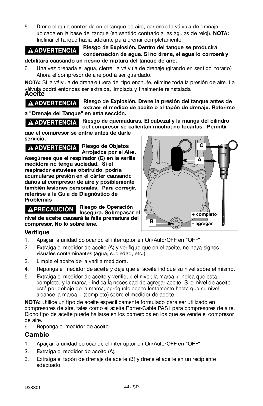 Porter-Cable C3555 Aceite, Cambio, Verifique, Debilitará causando un riesgo de ruptura del tanque de aire 