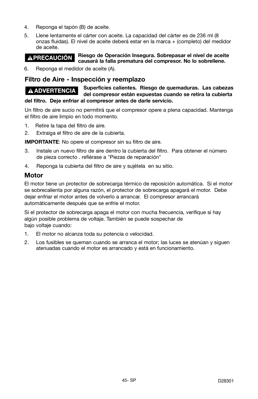 Porter-Cable C3555 instruction manual Filtro de Aire Inspección y reemplazo, Motor 