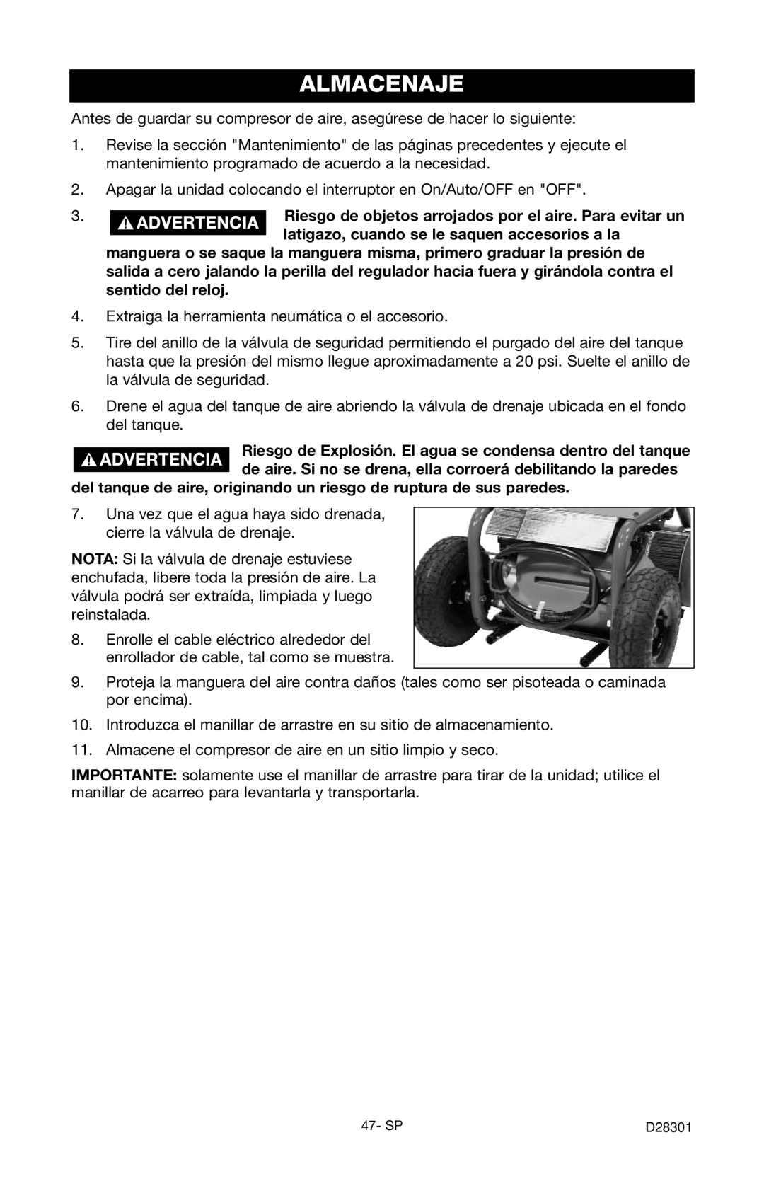 Porter-Cable C3555 instruction manual Almacenaje, Latigazo, cuando se le saquen accesorios a la 