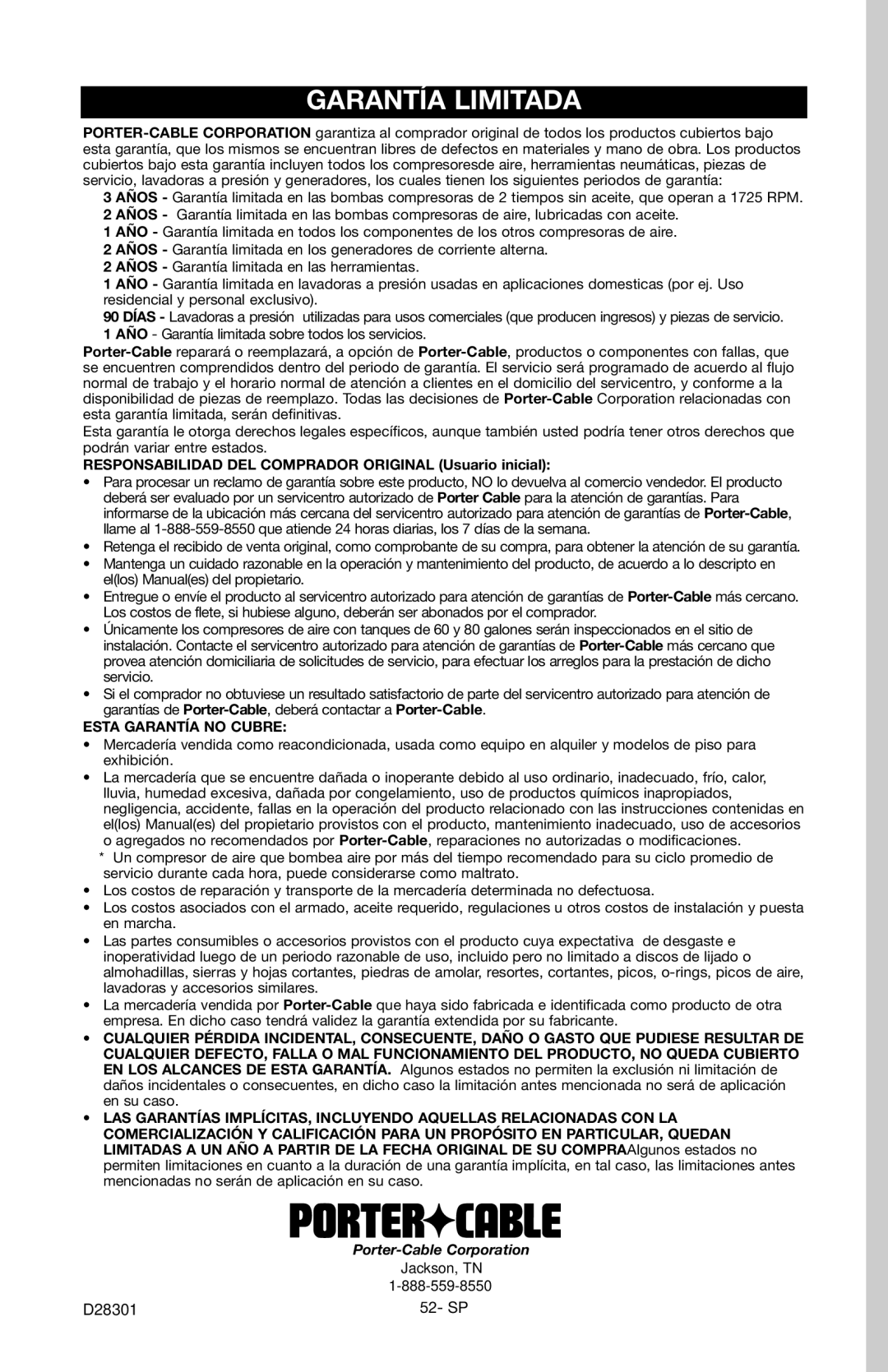 Porter-Cable C3555 instruction manual Garantía Limitada, Responsabilidad DEL Comprador Original Usuario inicial 