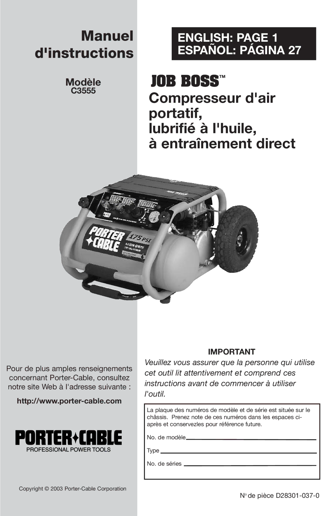 Porter-Cable C3555 instruction manual Manuel dinstructions 