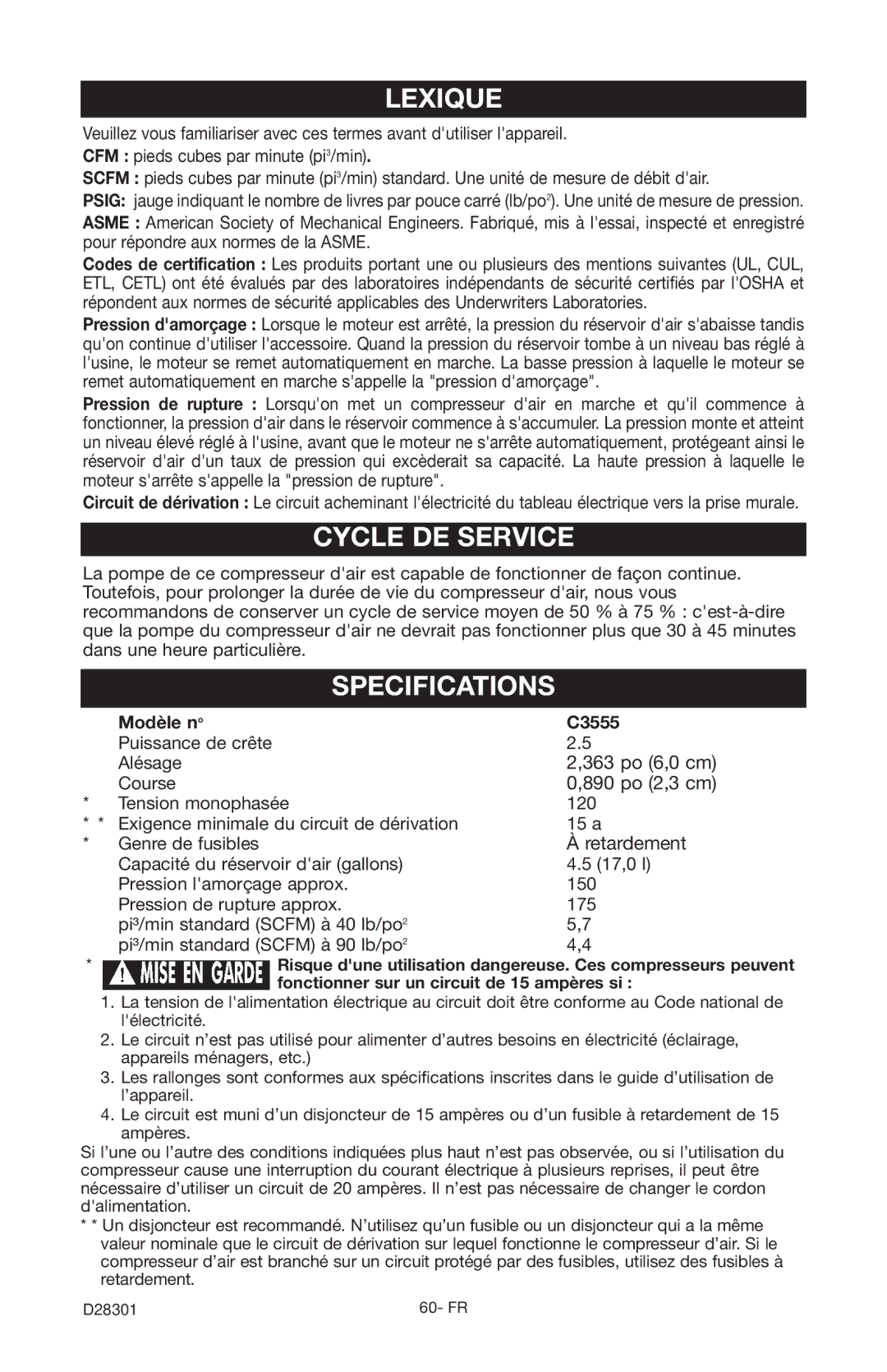 Porter-Cable instruction manual Lexique, Cycle DE Service, Modèle no C3555 