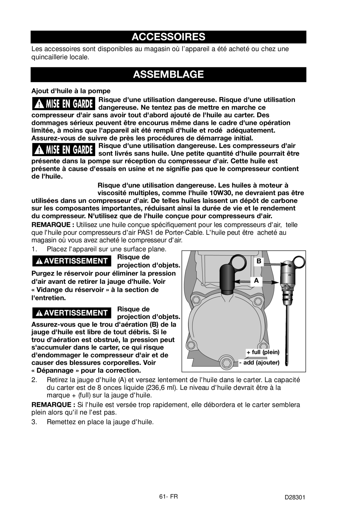 Porter-Cable C3555 Accessoires, Assemblage, Ajout dhuile à la pompe, « Vidange du réservoir » à la section de lentretien 