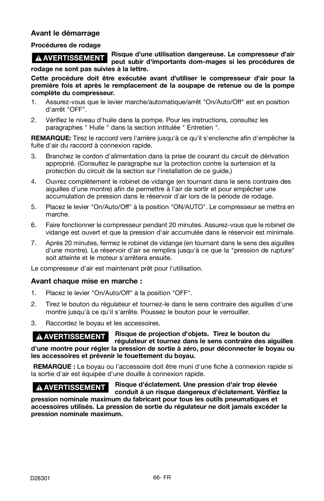 Porter-Cable C3555 instruction manual Avant le démarrage, Avant chaque mise en marche, Procédures de rodage 