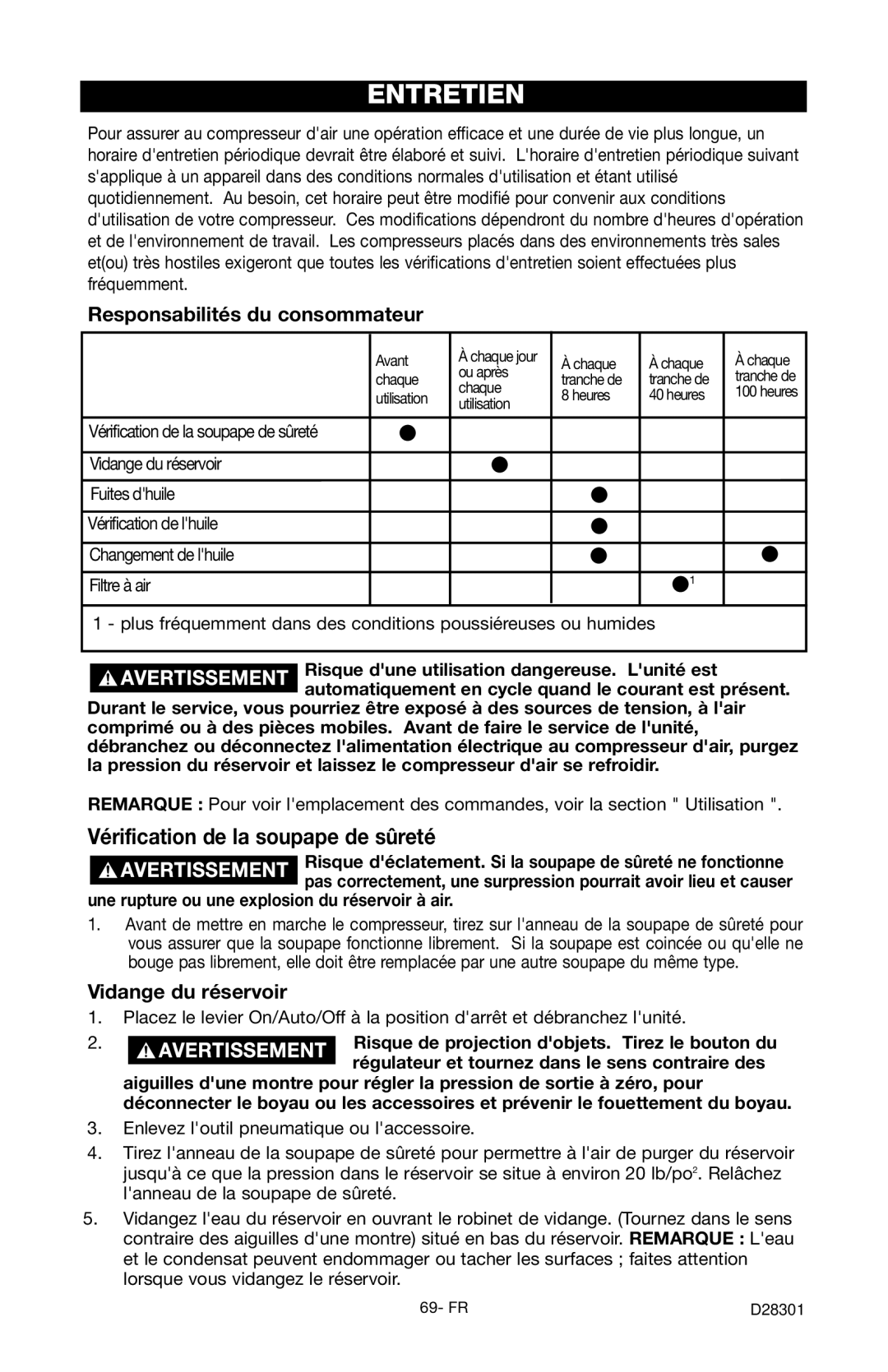 Porter-Cable C3555 Entretien, Vérification de la soupape de sûreté, Responsabilités du consommateur, Vidange du réservoir 