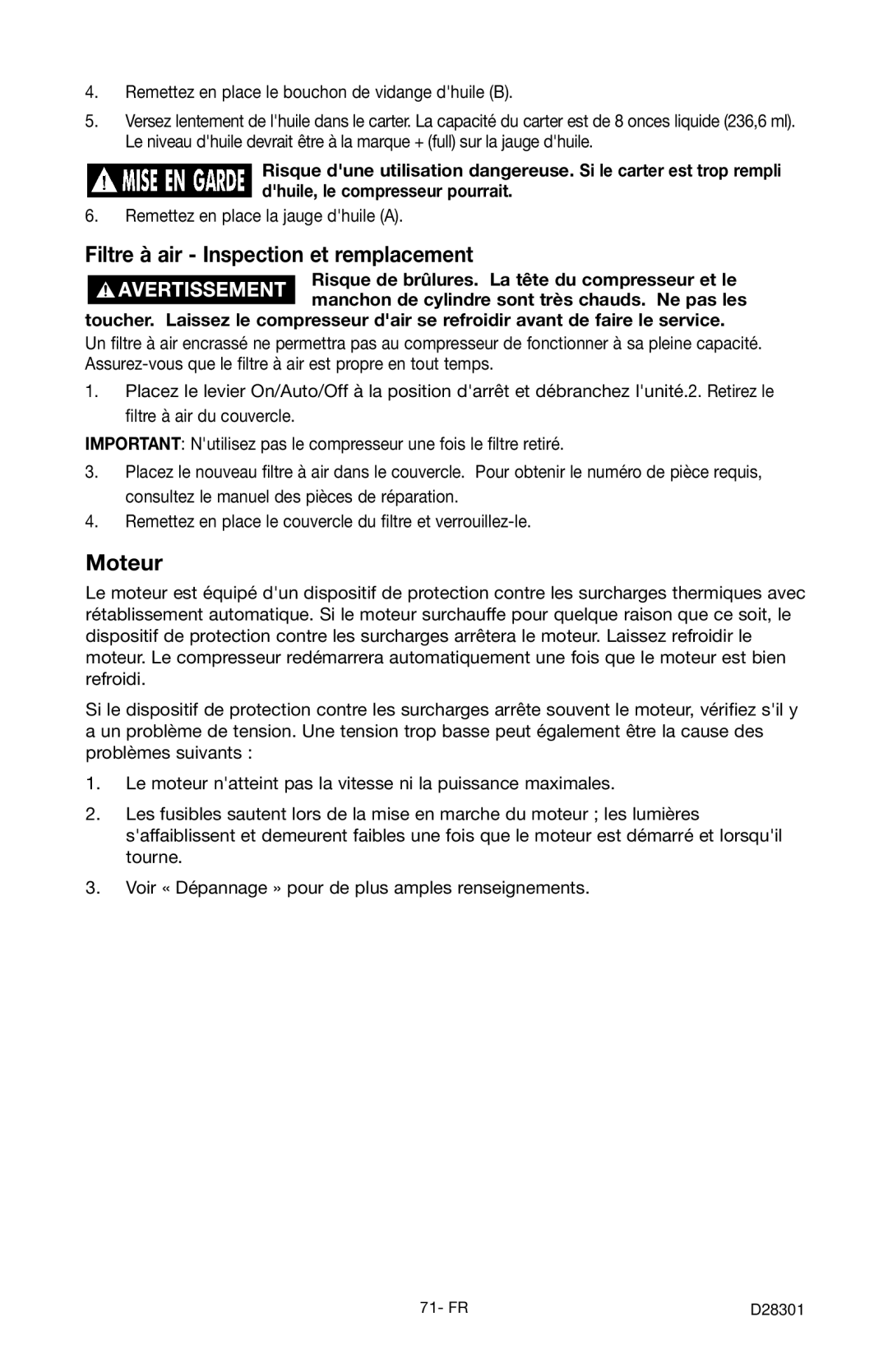 Porter-Cable C3555 instruction manual Filtre à air Inspection et remplacement, Moteur 