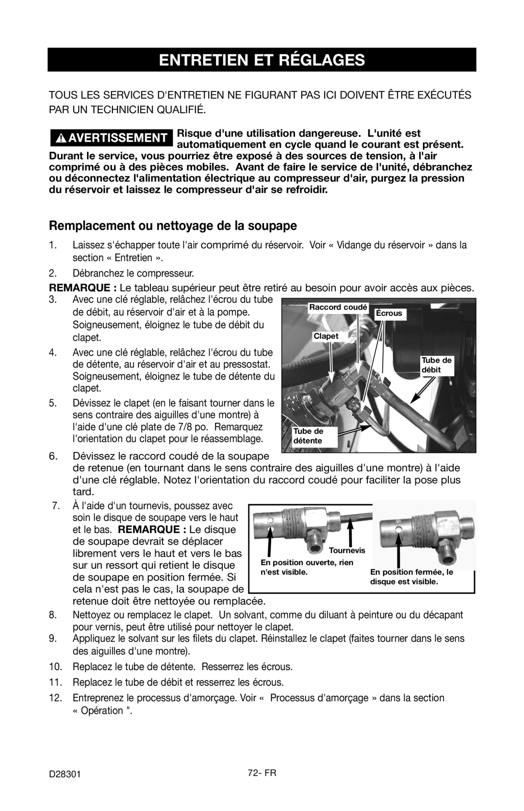 Porter-Cable C3555 Entretien ET Réglages, Remplacement ou nettoyage de la soupape, Librement vers le haut et vers le bas 