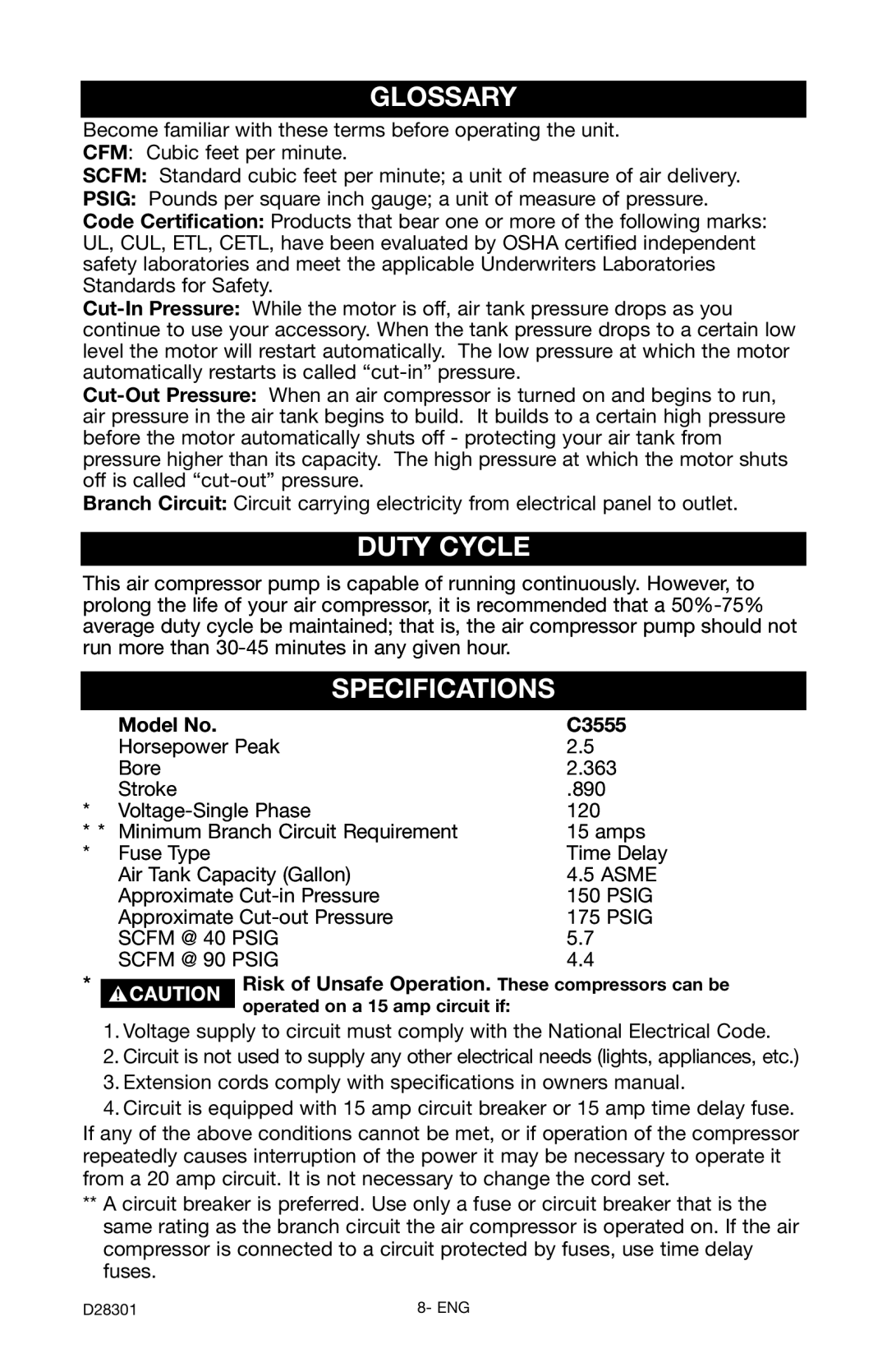 Porter-Cable Glossary, Duty Cycle, Specifications, Model No C3555, Risk of Unsafe Operation. These compressors can be 