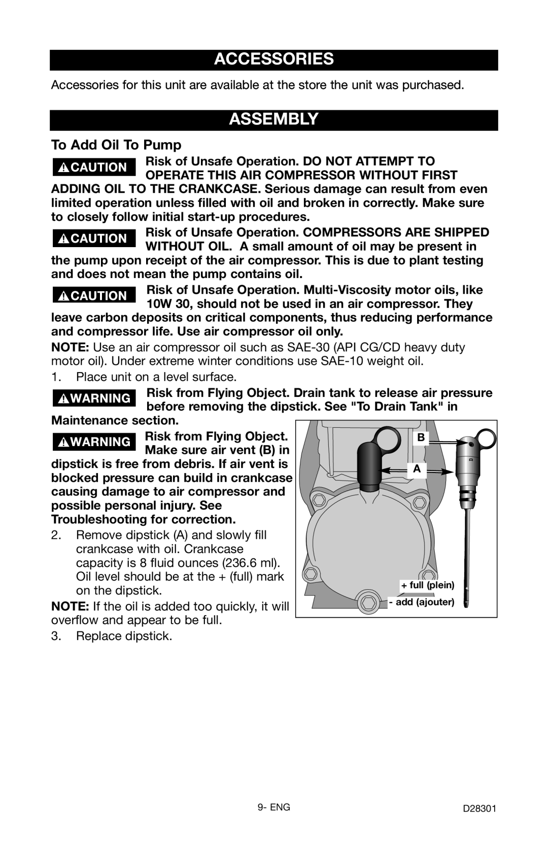 Porter-Cable C3555 instruction manual Accessories, Assembly, To Add Oil To Pump 