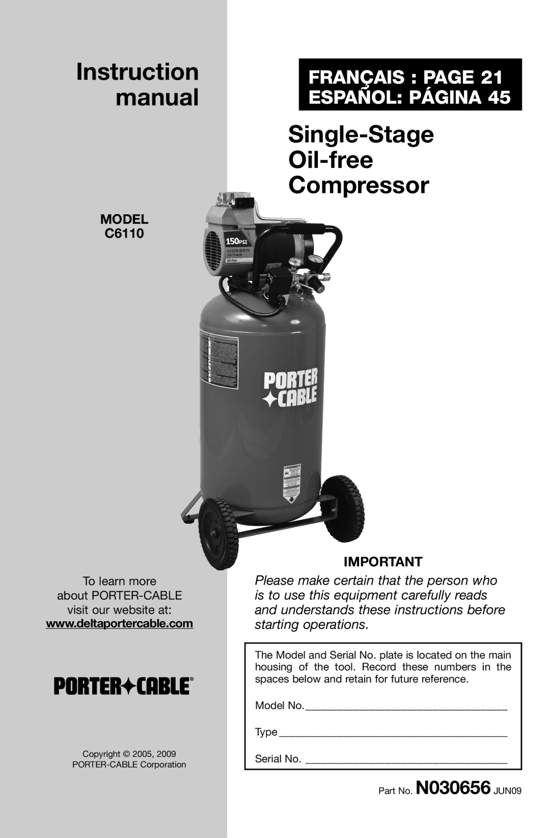 Porter-Cable C6110 instruction manual Model 