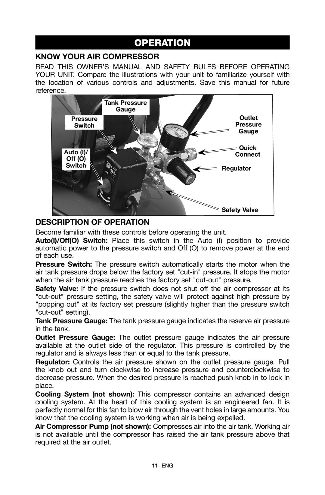 Porter-Cable C6110 instruction manual Know Your Air Compressor, Description of Operation 