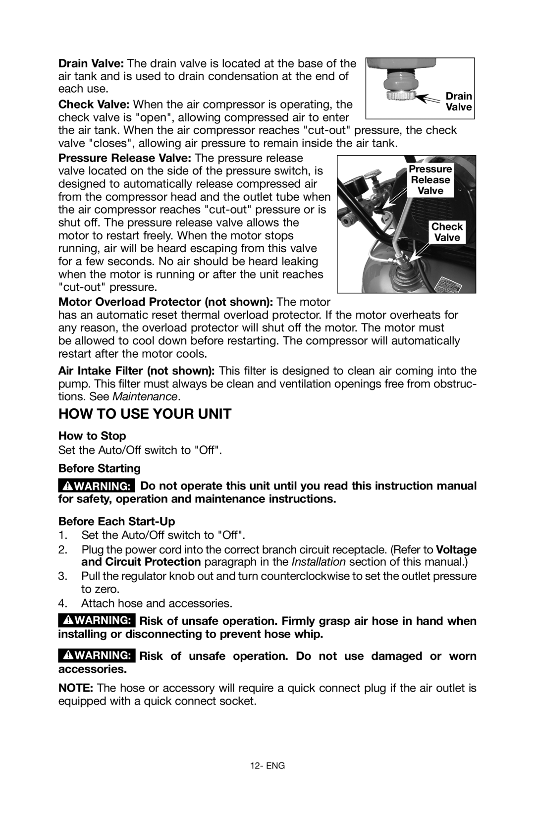 Porter-Cable C6110 Motor Overload Protector not shown The motor, How to Stop, Before Starting Before Each Start-Up 