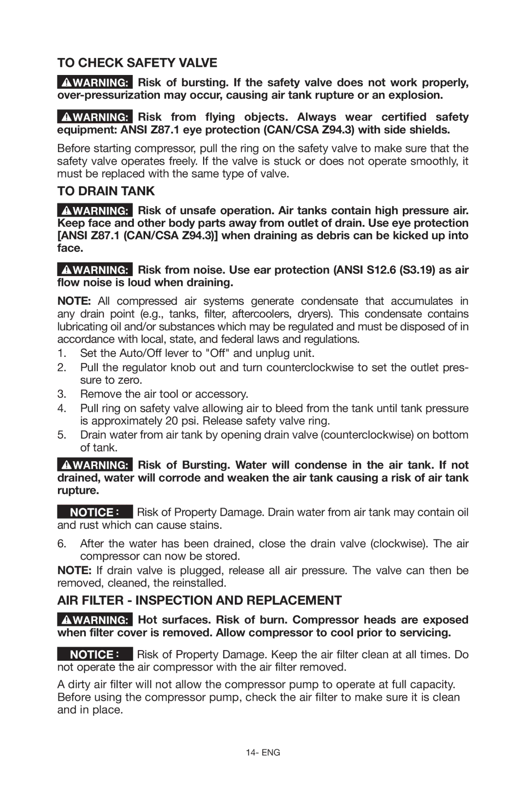 Porter-Cable C6110 instruction manual To Check Safety Valve, To Drain Tank, Air Filter Inspection and Replacement 