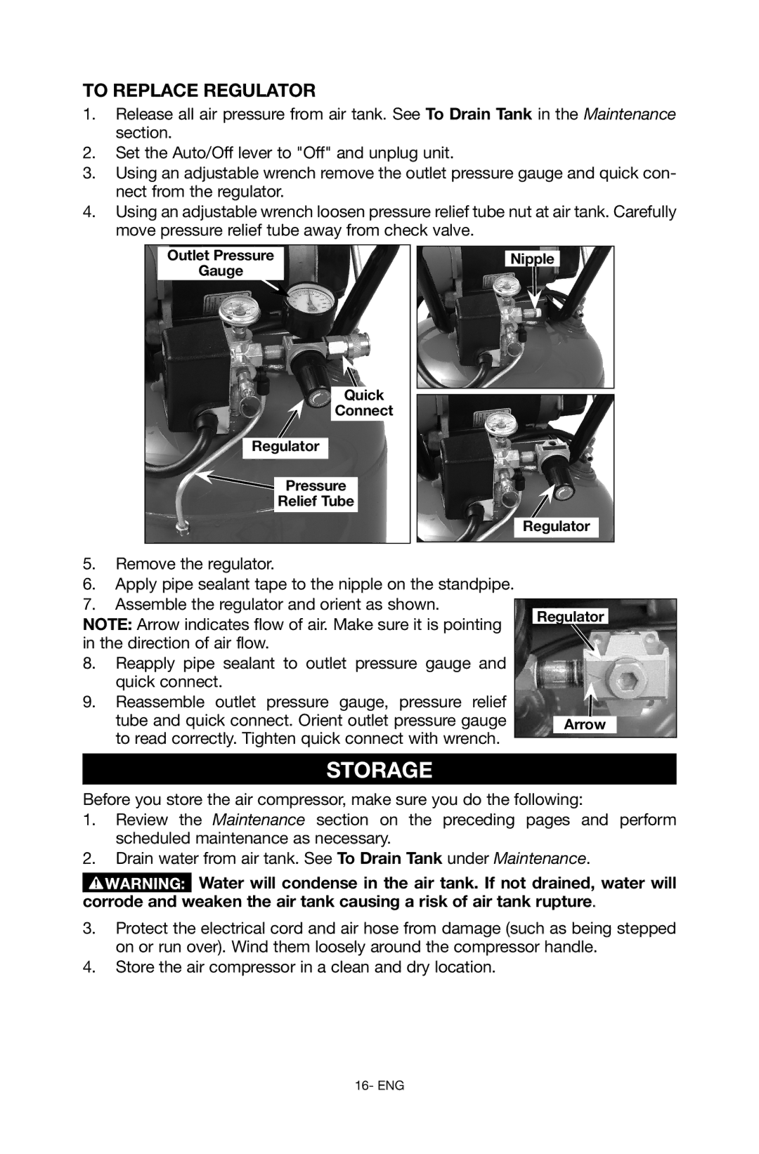 Porter-Cable C6110 instruction manual Storage, To Replace Regulator 