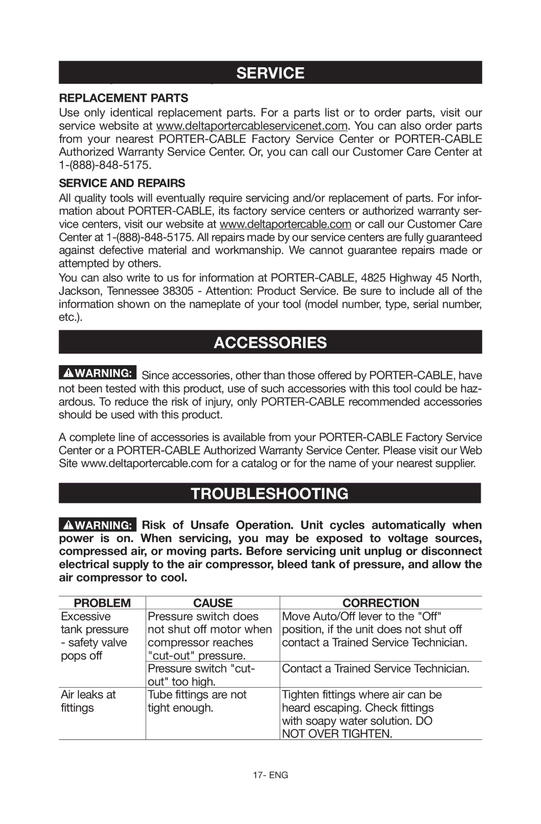 Porter-Cable C6110 instruction manual Troubleshooting, Replacement Parts Service and Repairs, Problem Cause Correction 