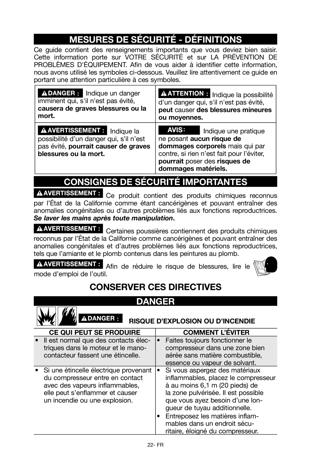 Porter-Cable C6110 instruction manual Mesures DE Sécurité Définitions, Consignes DE Sécurité Importantes, Indique un danger 