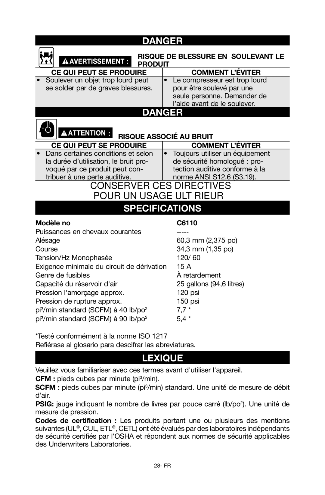 Porter-Cable Lexique, Risque DE Blessure EN Soulevant LE Produit, Risque associÉ au bruit, Modèle no C6110 