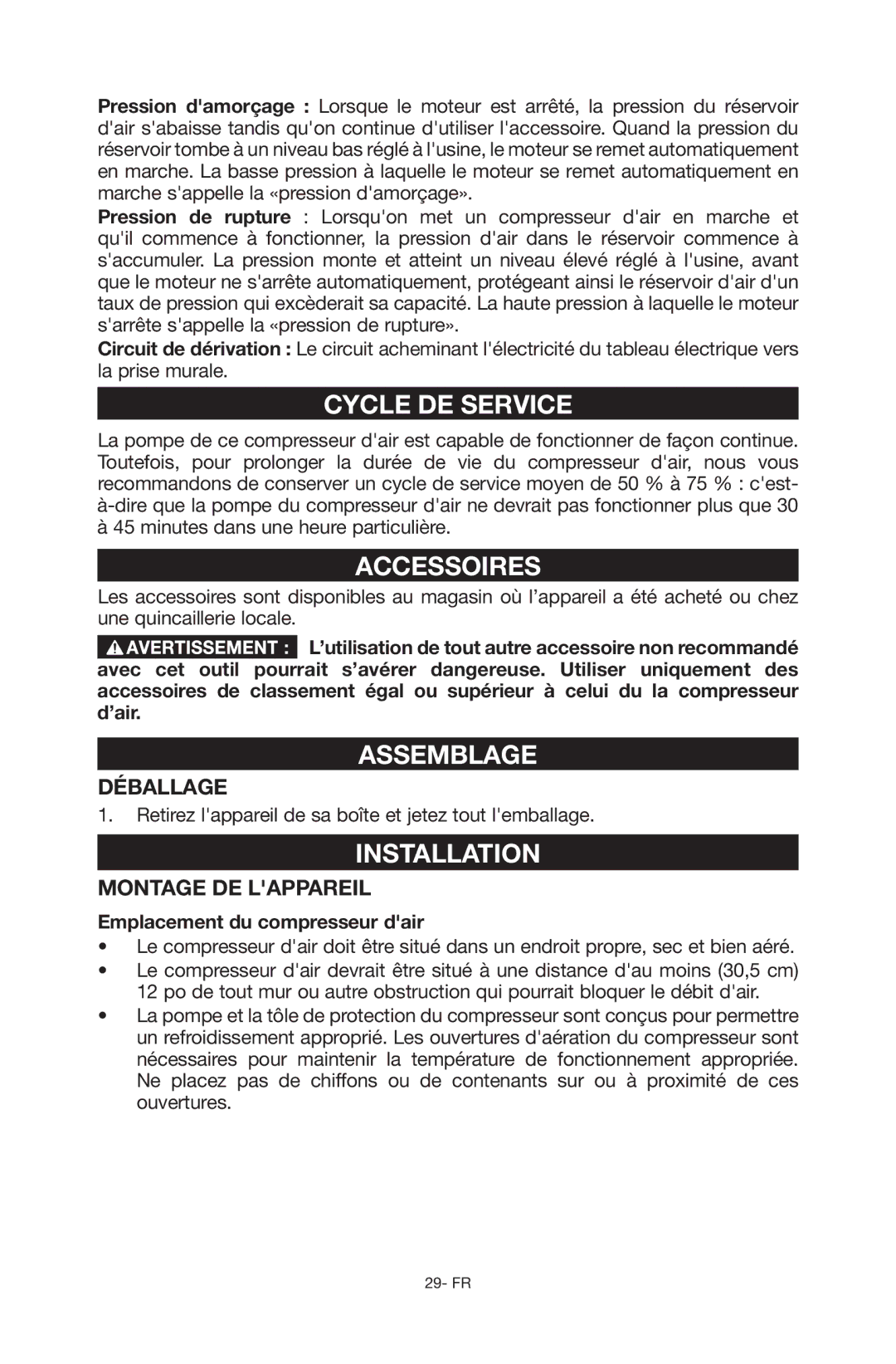 Porter-Cable C6110 instruction manual Cycle DE Service, Accessoires, Assemblage, Déballage, Emplacement du compresseur dair 