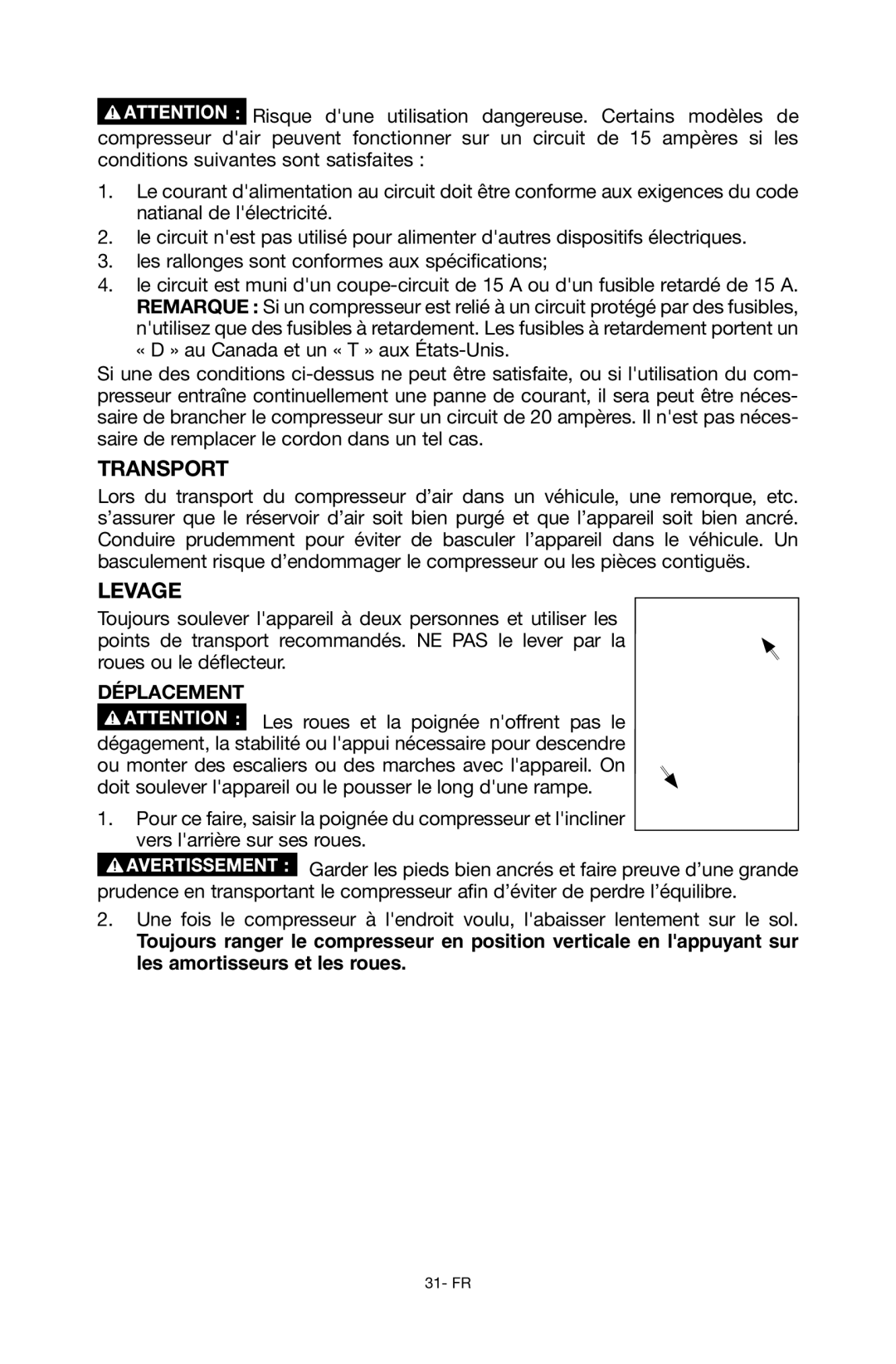 Porter-Cable C6110 instruction manual Transport, Levage, Déplacement 