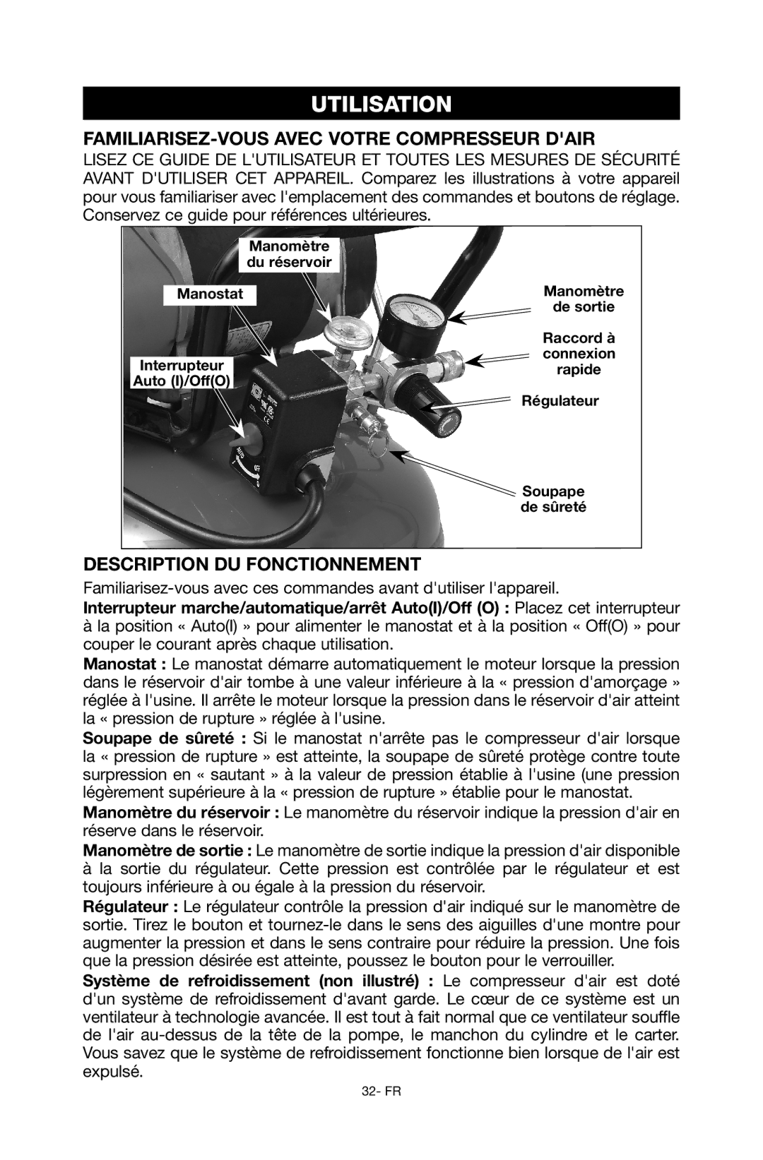 Porter-Cable C6110 Utilisation, Familiarisez-vous avec votre compresseur dair, Description du fonctionnement 