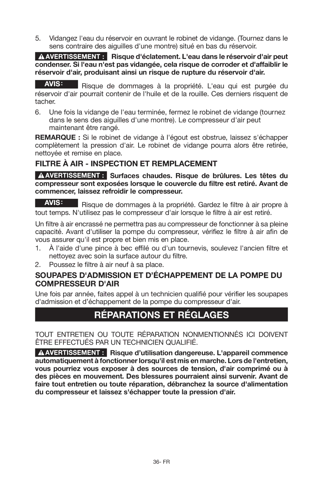 Porter-Cable C6110 instruction manual Réparations ET Réglages, Filtre à air Inspection et remplacement 