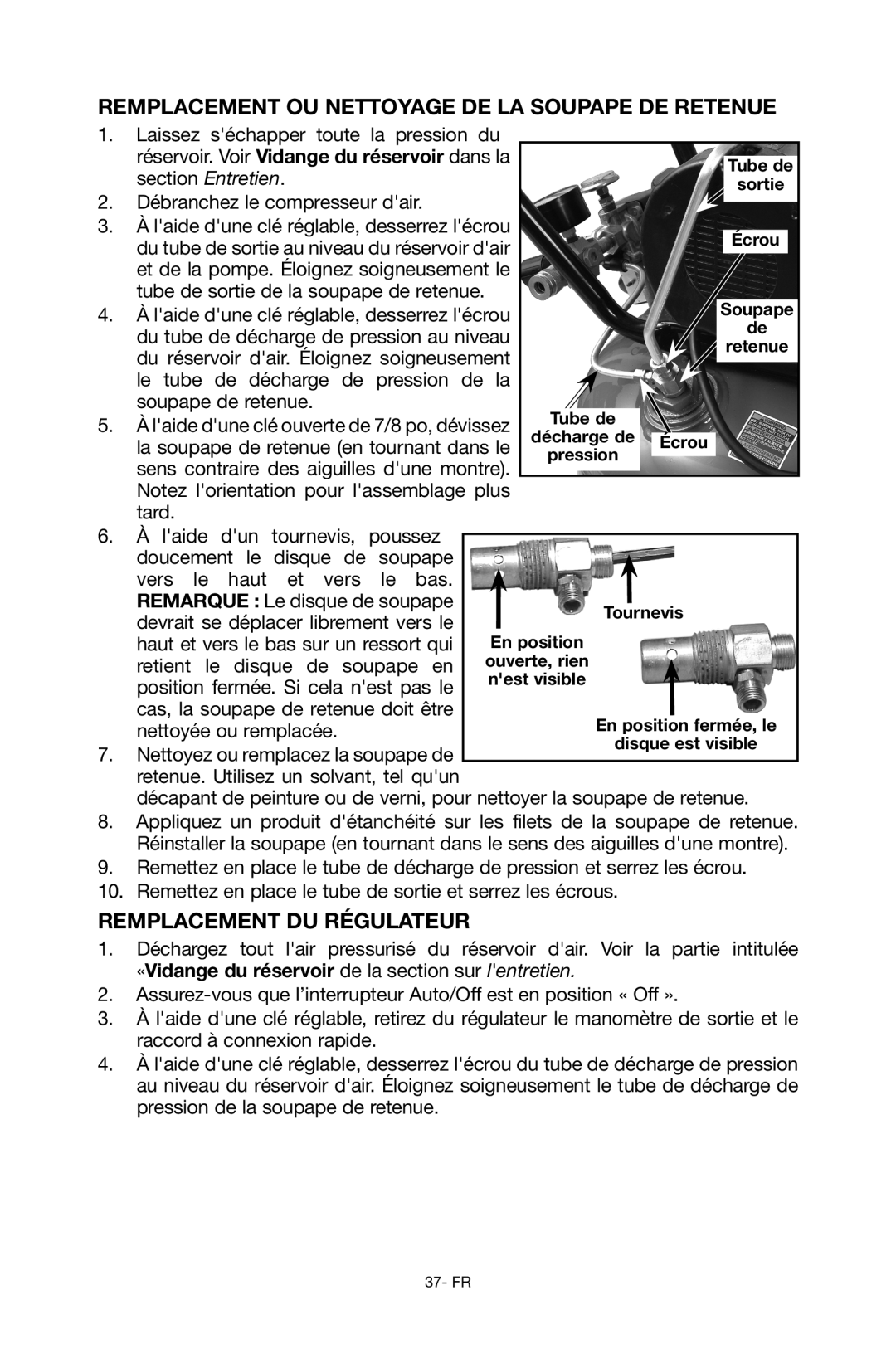 Porter-Cable C6110 instruction manual Remplacement ou nettoyage de la soupape de retenue, Remplacement du régulateur 