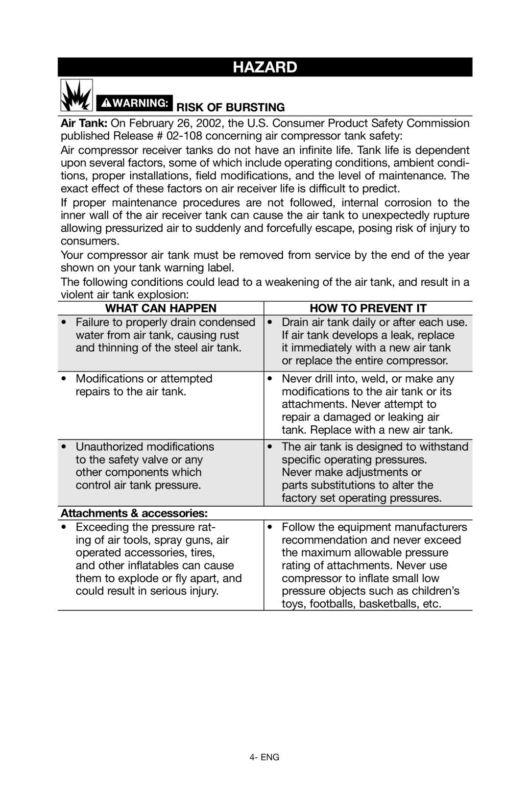 Porter-Cable C6110 instruction manual Risk of Bursting, Attachments & accessories 