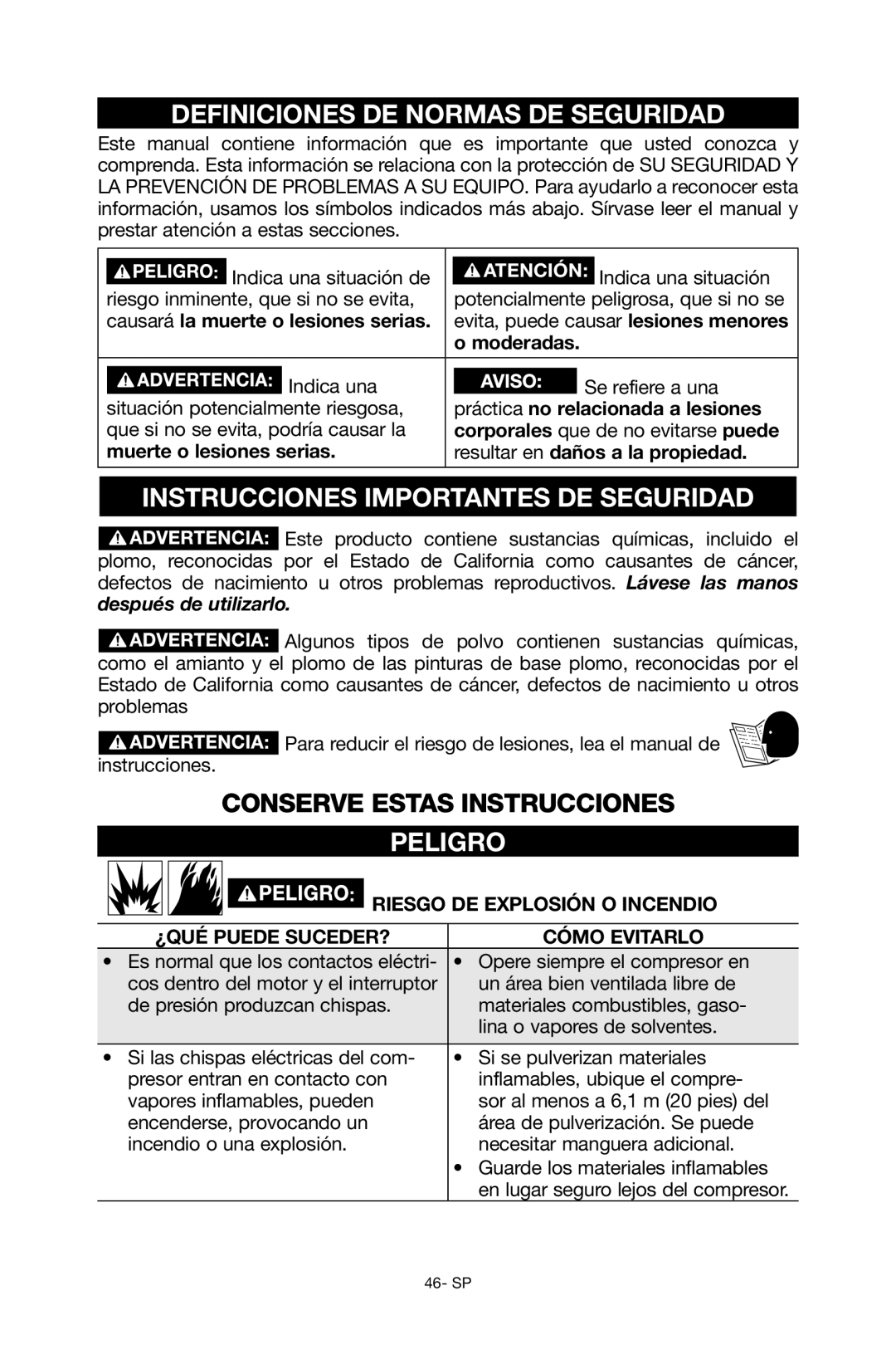 Porter-Cable C6110 instruction manual Definiciones DE Normas DE Seguridad, Instrucciones Importantes DE Seguridad, Peligro 