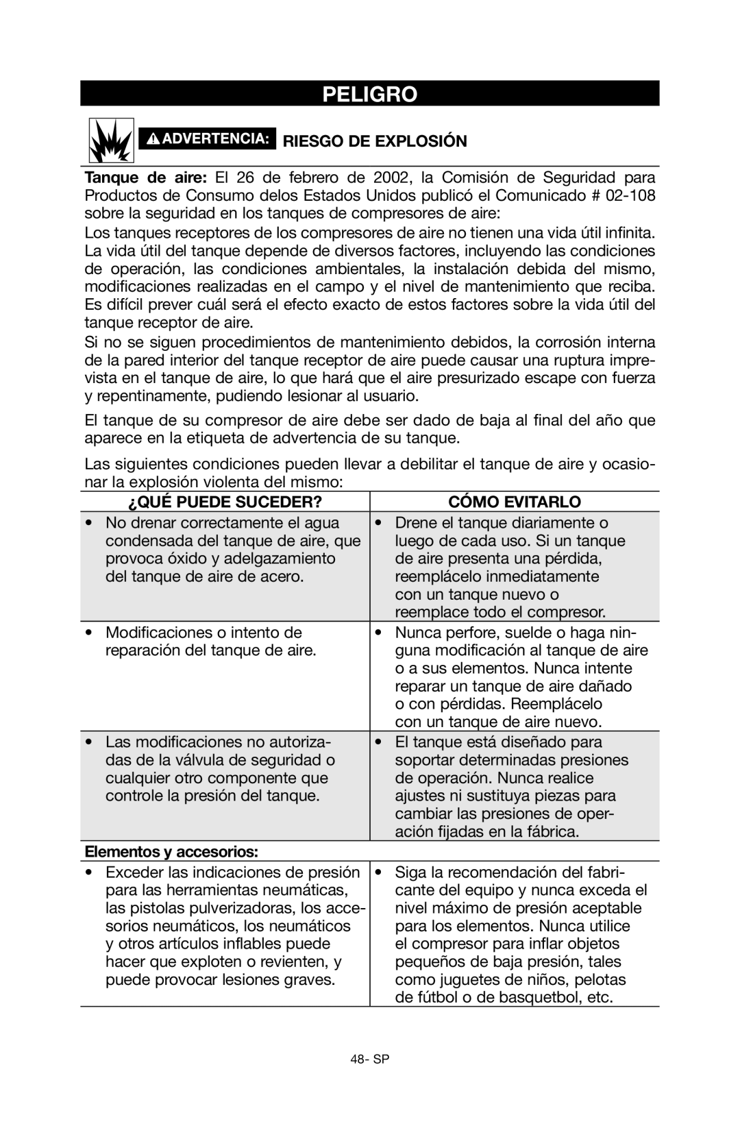 Porter-Cable C6110 instruction manual Riesgo de explosión, Elementos y accesorios 