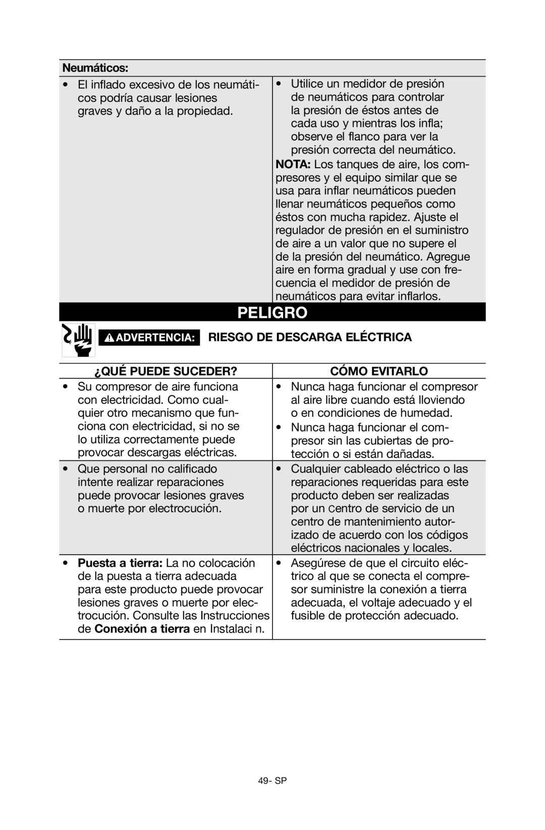 Porter-Cable C6110 instruction manual Neumáticos, Riesgo de descarga eléctrica, De Conexión a tierra en Instalación 